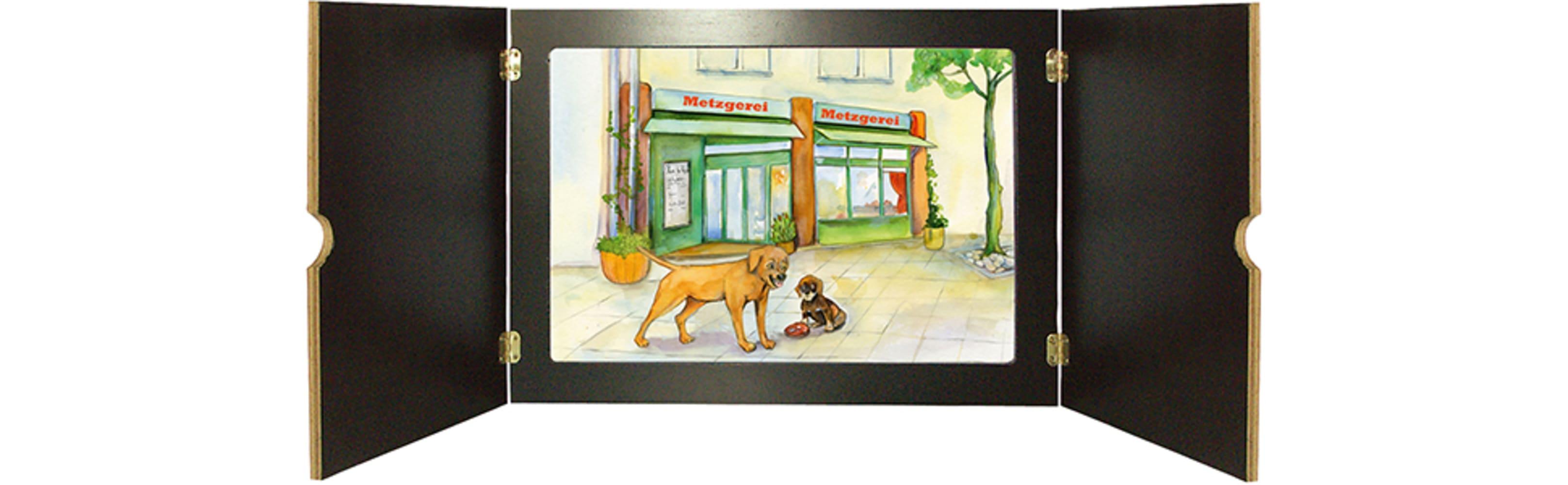 Beispielinhalt (Bild) Der Hund und das Stück Fleisch. Eine Fabel von Äsop. Kamishibai Bildkartenset.