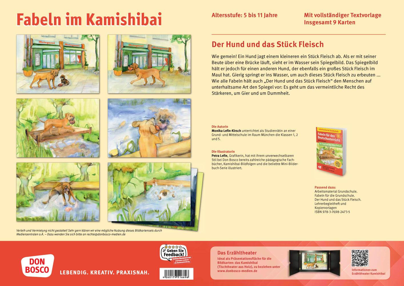 Beispielinhalt (Bild) Der Hund und das Stück Fleisch. Eine Fabel von Äsop. Kamishibai Bildkartenset.