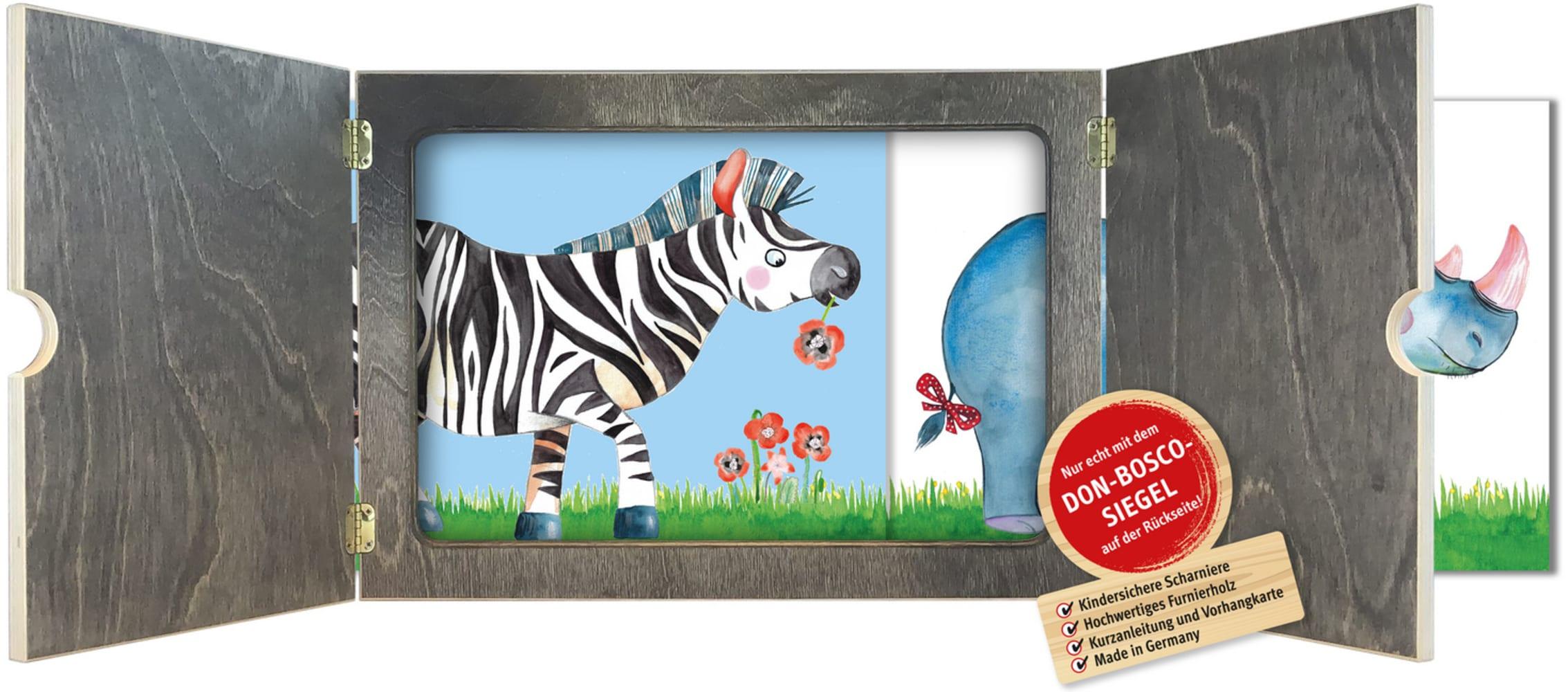 Vorderes Coverbild Kamishibai mit seitlichem Einschub und offener Rückwand. Erzähltheater für Bildkarten in DIN A3