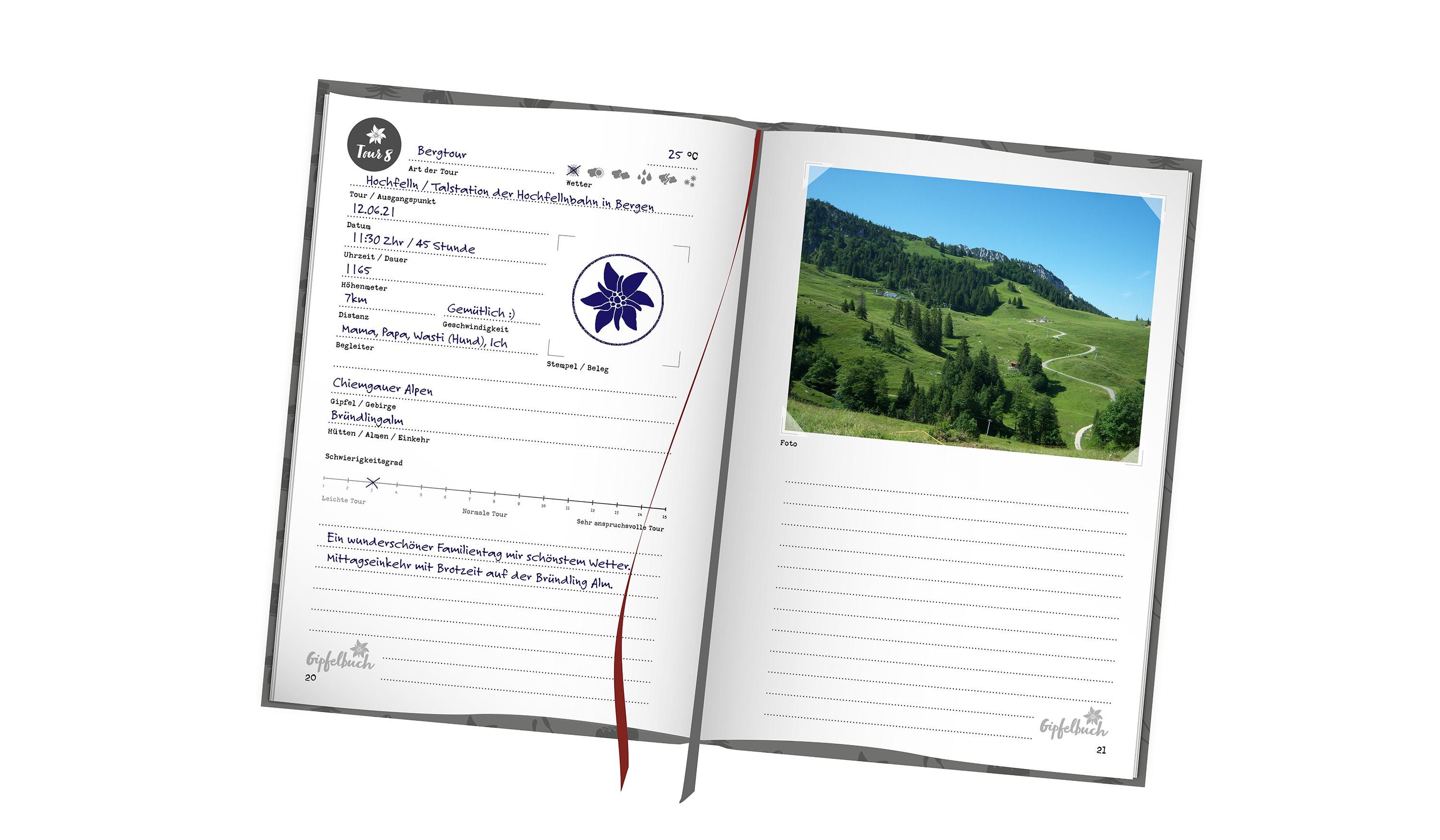 Beispielinhalt (Bild) Gipfelbuch, Tourentagebuch, Wandertagebuch | A5 Notizbuch zum Wandern in den Bergen und für Radtouren für Sportler und Familien | Zum Eintragen inkl. Platz für Stempel und Fotos