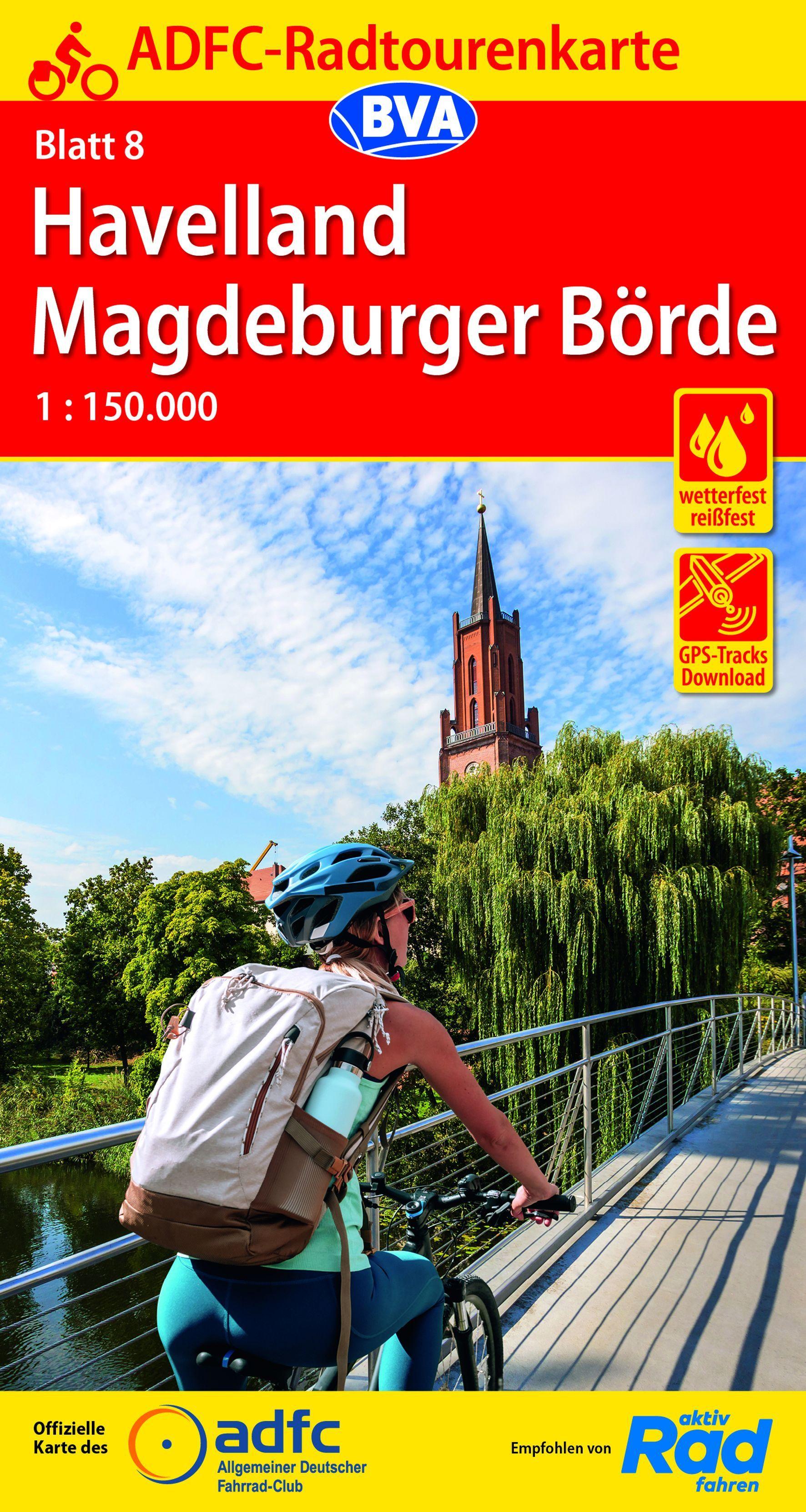 Vorderes Coverbild ADFC-Radtourenkarte 8 Havelland Magdeburger Börde 1:150.000, reiß- und wetterfest, E-Bike geeignet, GPS-Tracks Download