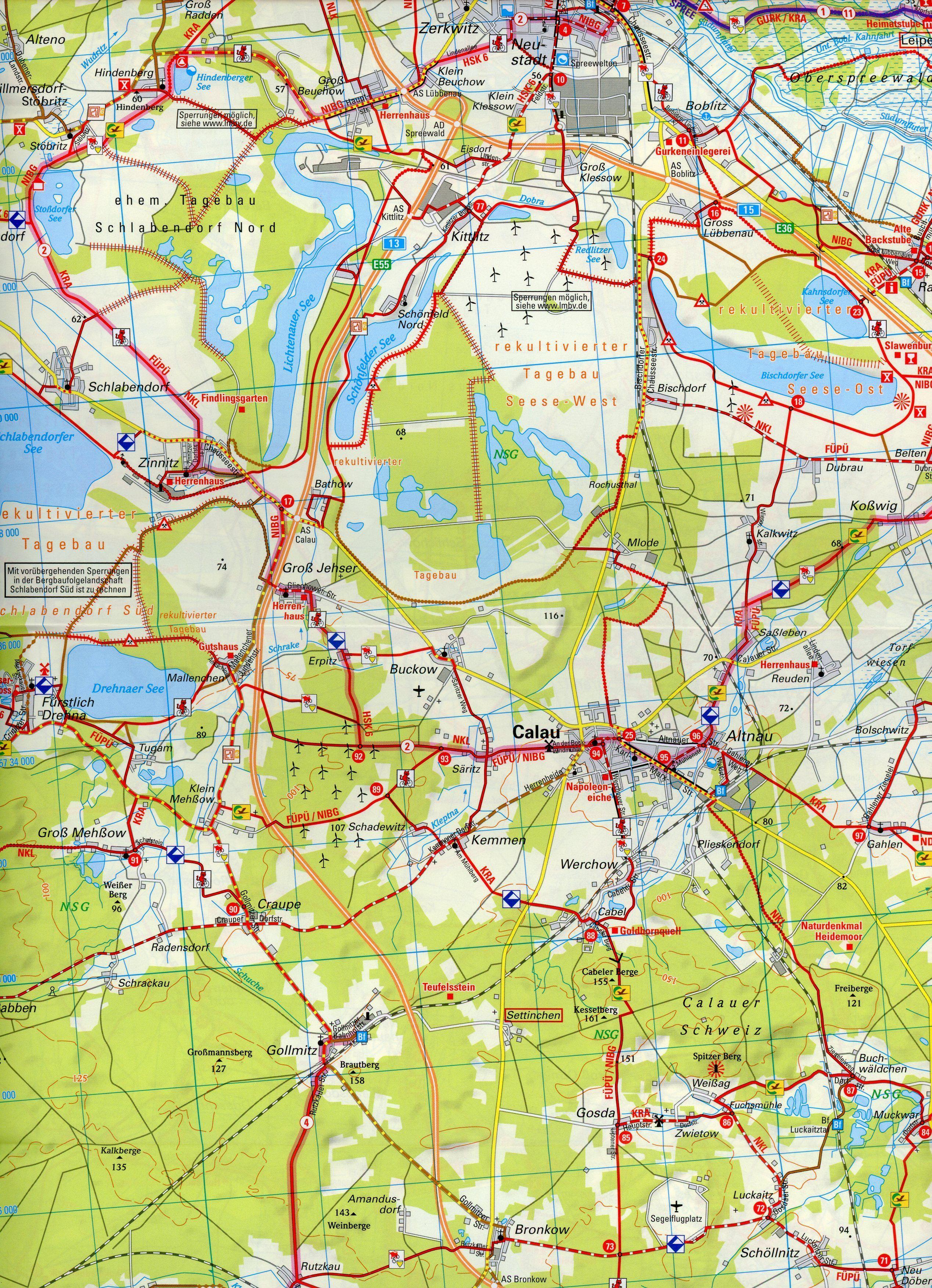 Beispielinhalt (Bild) ADFC-Regionalkarte Niederlausitz Lausitzer Seen, 1:75.000, mit Tagestourenvorschlägen, reiß- und wetterfest, E-Bike-geeignet, mit Knotenpunkten, GPS-Tracks Download