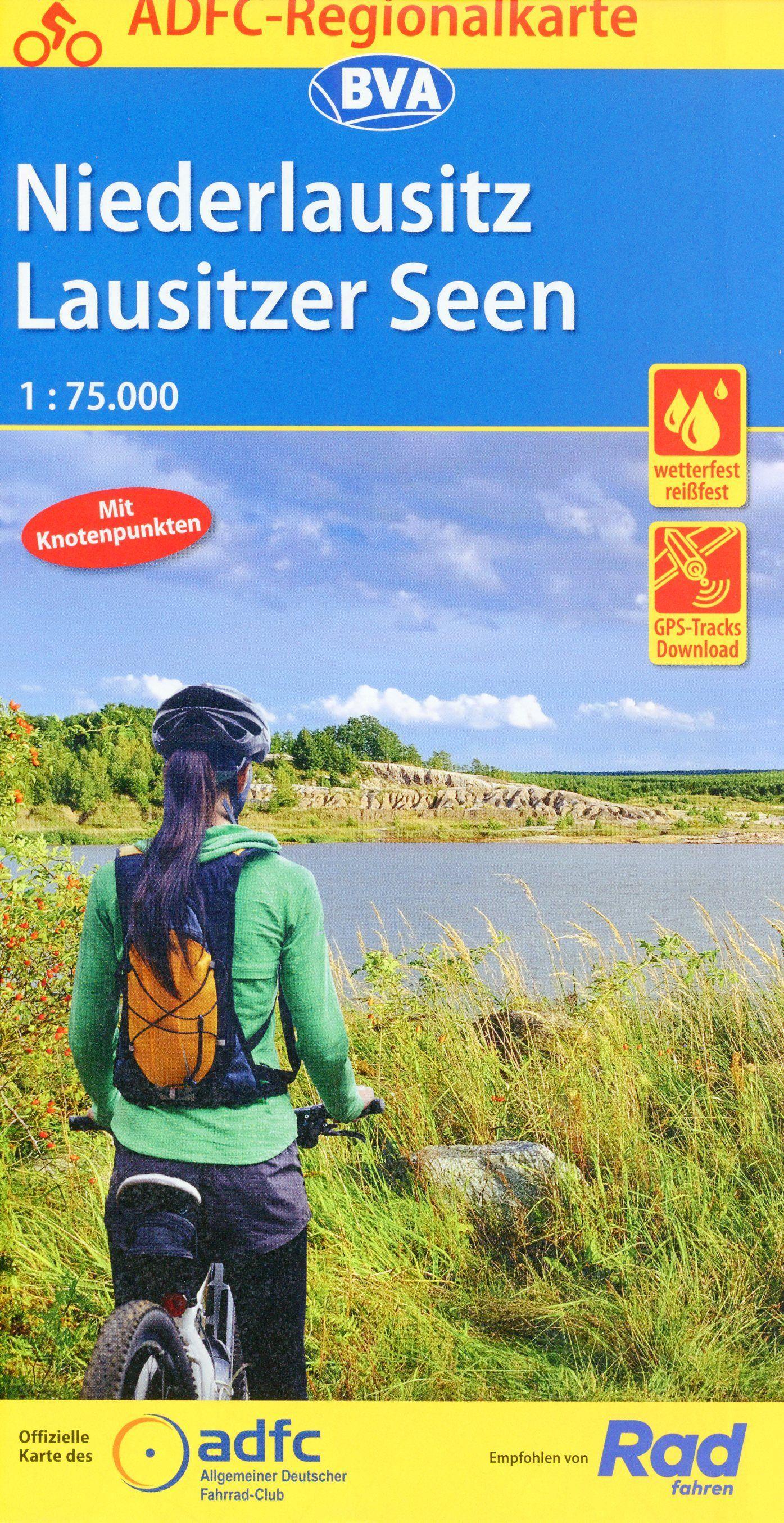 Vorderes Coverbild ADFC-Regionalkarte Niederlausitz Lausitzer Seen, 1:75.000, mit Tagestourenvorschlägen, reiß- und wetterfest, E-Bike-geeignet, mit Knotenpunkten, GPS-Tracks Download
