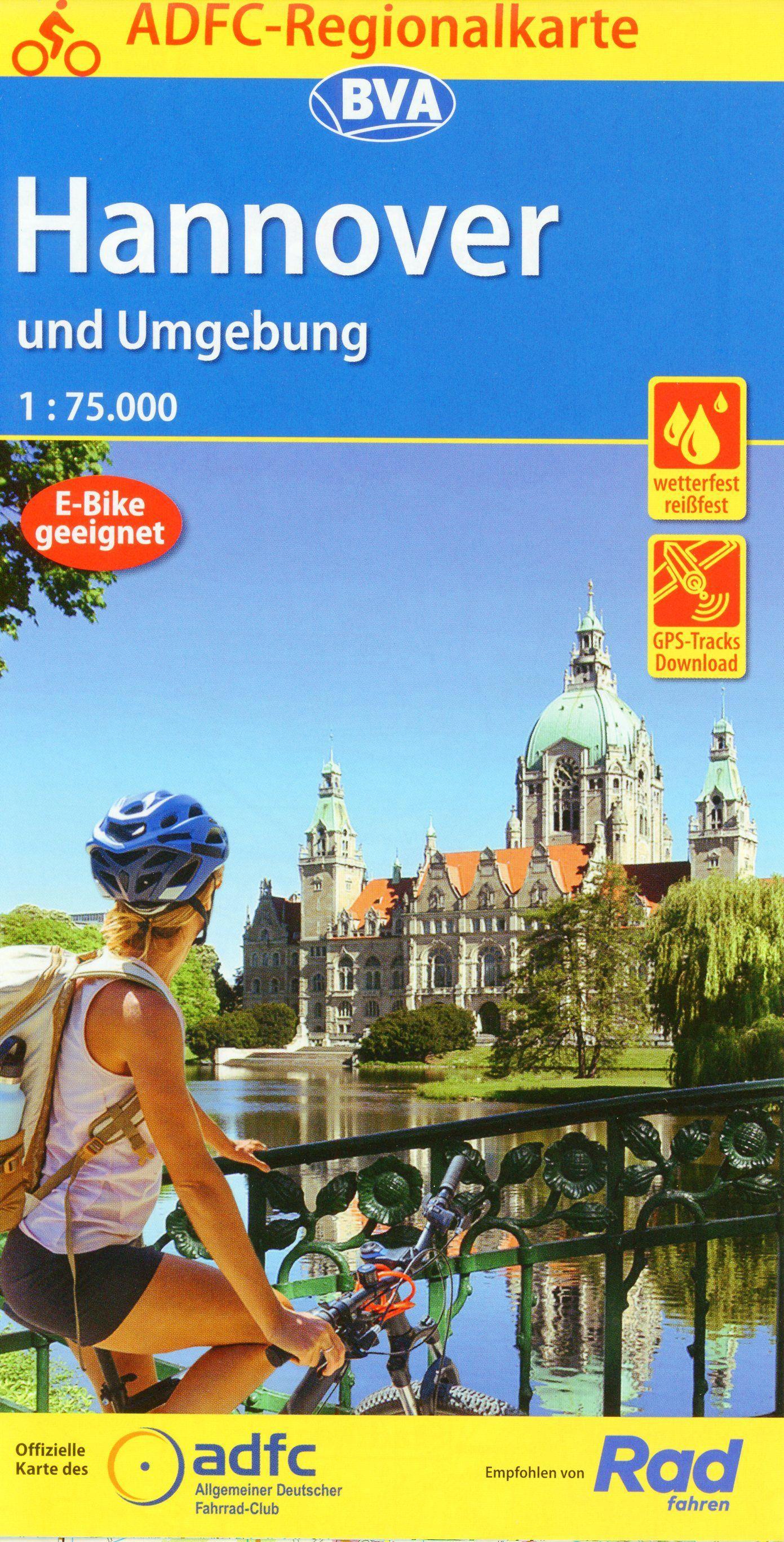 Vorderes Coverbild ADFC-Regionalkarte Hannover und Umgebung, 1:75.000, mit Tagestourenvorschlägen, reiß- und wetterfest, E-Bike-geeignet, GPS-Tracks Download