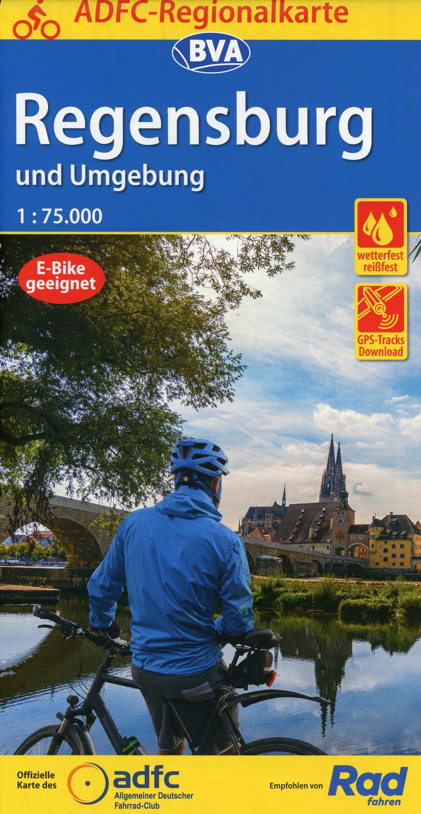 Vorderes Coverbild ADFC-Regionalkarte Regensburg und Umgebung, 1:75.000, mit Tagestourenvorschlägen, reiß- und wetterfest, E-Bike-geeignet, GPS-Tracks Download