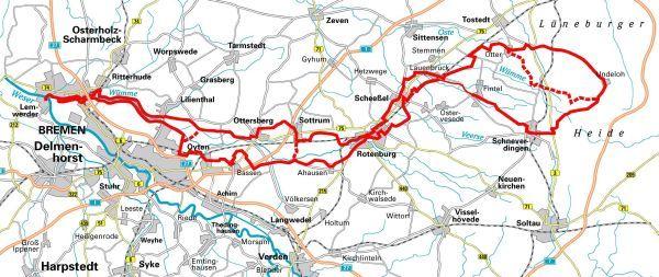 Beispielinhalt (Bild) Kompakt-Spiralo BVA Wümme-Radweg, 1:50.000, mit GPS-Track Download