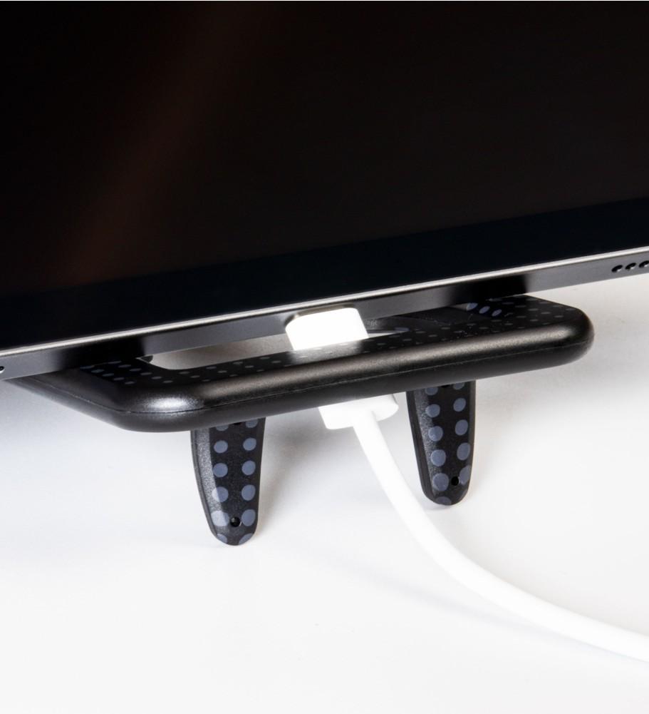 Beispielinhalt (Bild) Flexistand Pro (Black Dots) | flexibler Tablethalter | für alle Handys und Tablets | superflach | stufenlos verstellbar | hochkant und quer | passt in jede Tasche | ideal für unterwegs