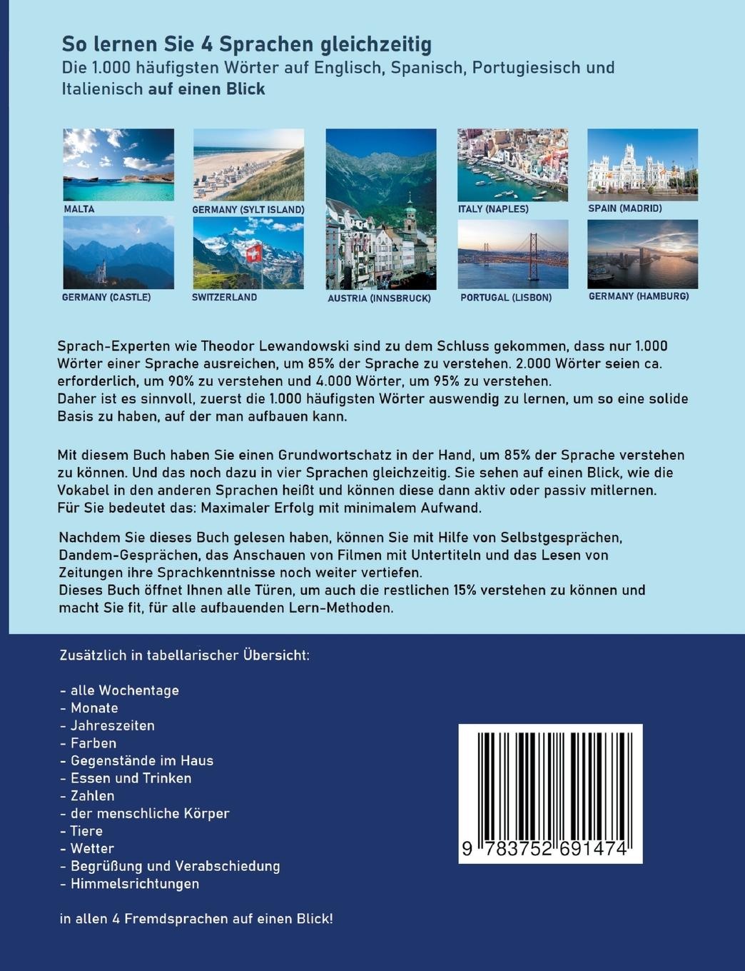 Rückseitencover So lernen Sie 4 Sprachen gleichzeitig: Die 1.000 häufigsten Wörter auf Englisch, Spanisch, Portugiesisch und Italienisch auf einen Blick
