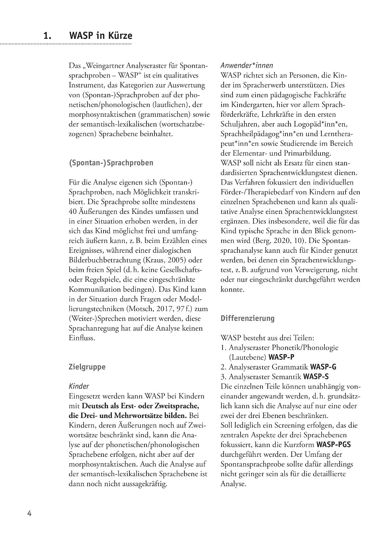 Beispielinhalt (Bild) Weingartner Analyseraster für Spontansprachproben - WASP