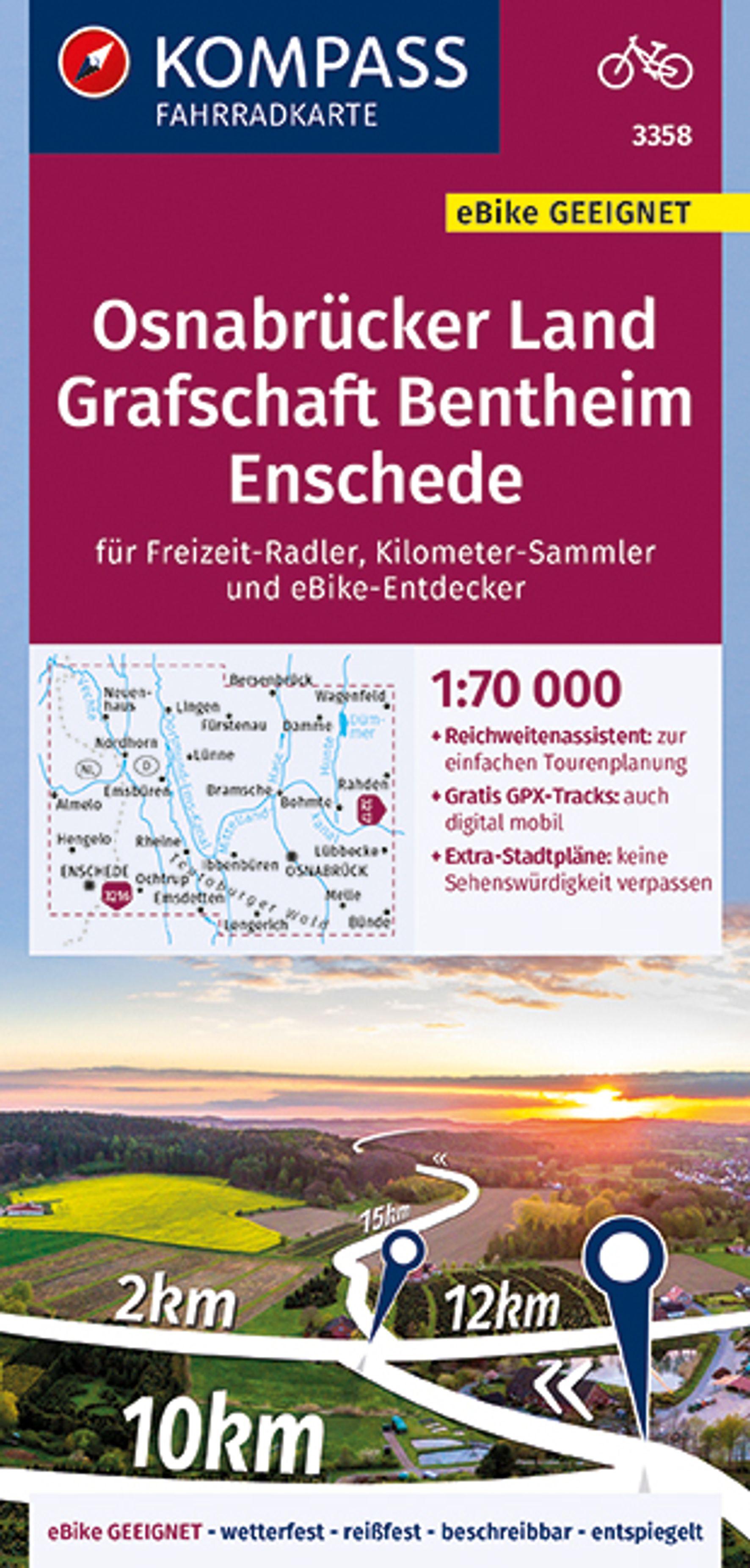 Vorderes Coverbild KOMPASS Fahrradkarte 3358 Osnabrücker Land, Grafschaft Bentheim, Enschede 1:70.000