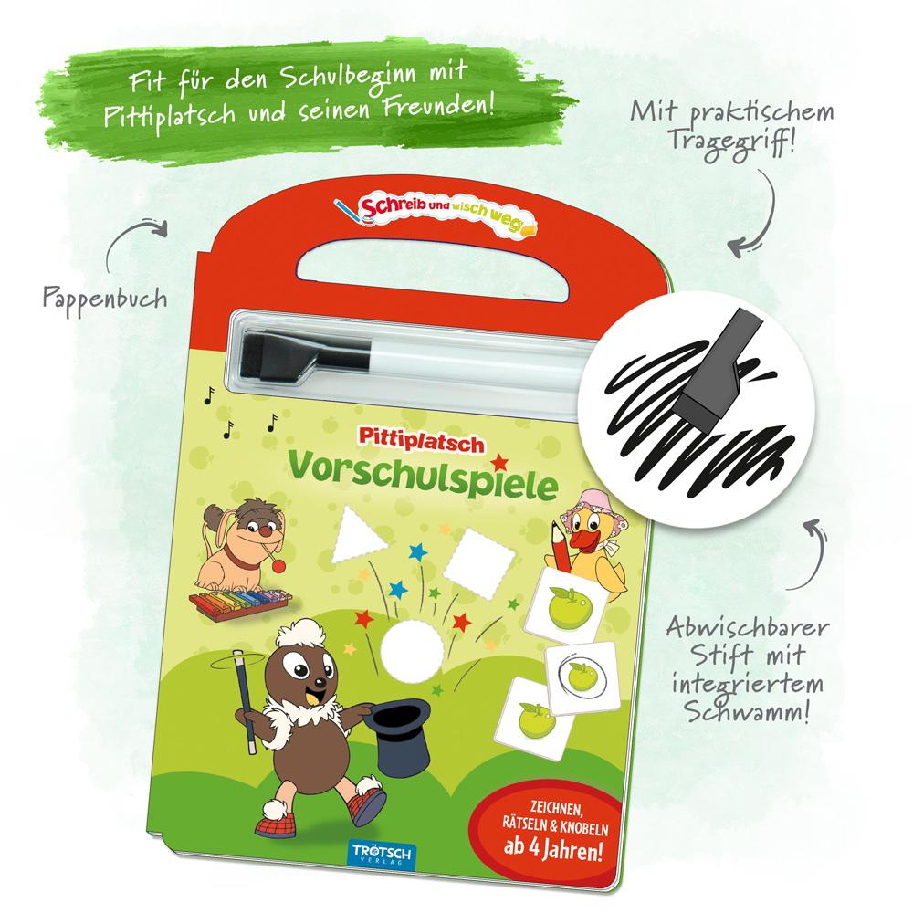 Beispielinhalt (Bild) Trötsch Unser kleines Sandmännchen Schreib und wisch weg Vorschulspiele Pittiplatsch Pappenbuch