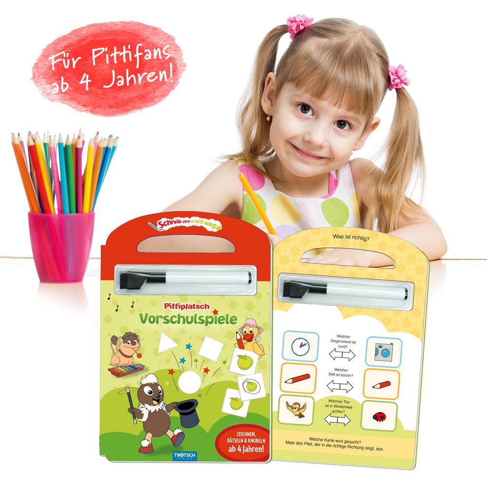 Beispielinhalt (Bild) Trötsch Unser kleines Sandmännchen Schreib und wisch weg Vorschulspiele Pittiplatsch Pappenbuch