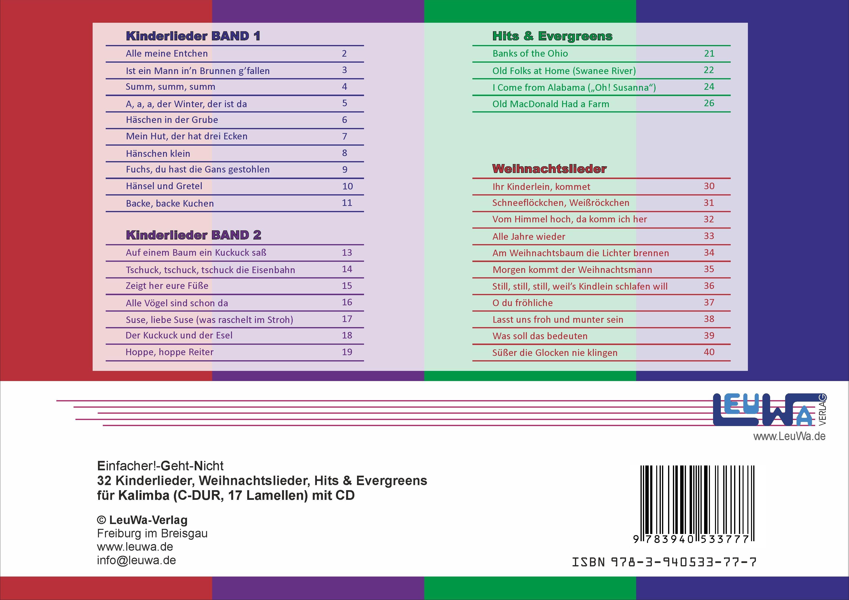 Rückseitencover Einfacher!-Geht-Nicht: 32 Kinderlieder, Weihnachtslieder, Hits & Evergreens für Kalimba (C-DUR, 17 Lamellen) mit CD