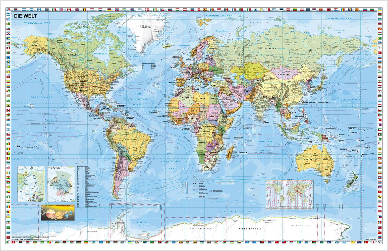 Vorderes Coverbild Weltkarte deutschsprachig. Wandkarte mit Flaggenrand