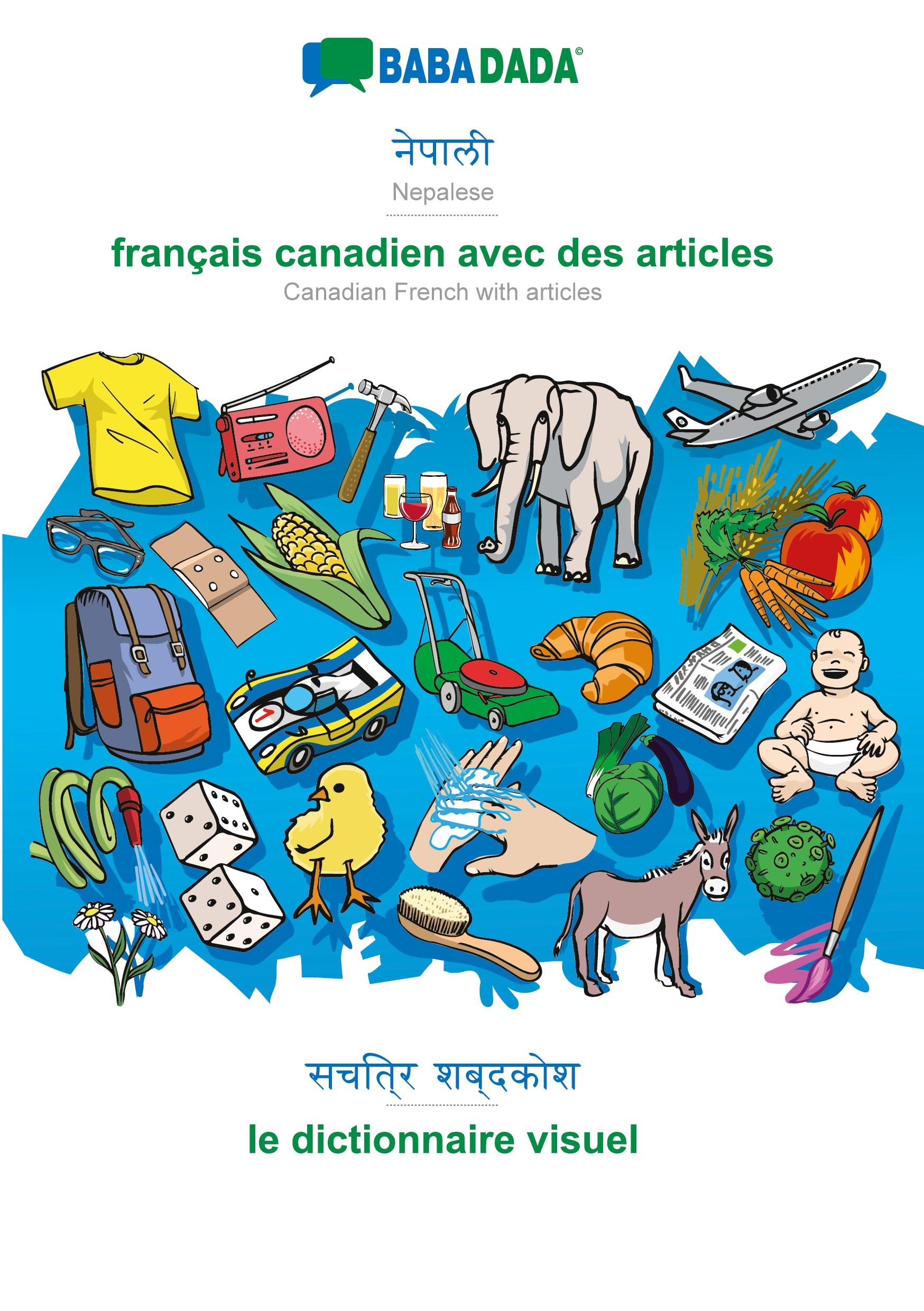 Vorderes Coverbild BABADADA black-and-white, Nepalese (in devanagari script) - français canadien avec des articles, visual dictionary (in devanagari script) - le dictionnaire visuel