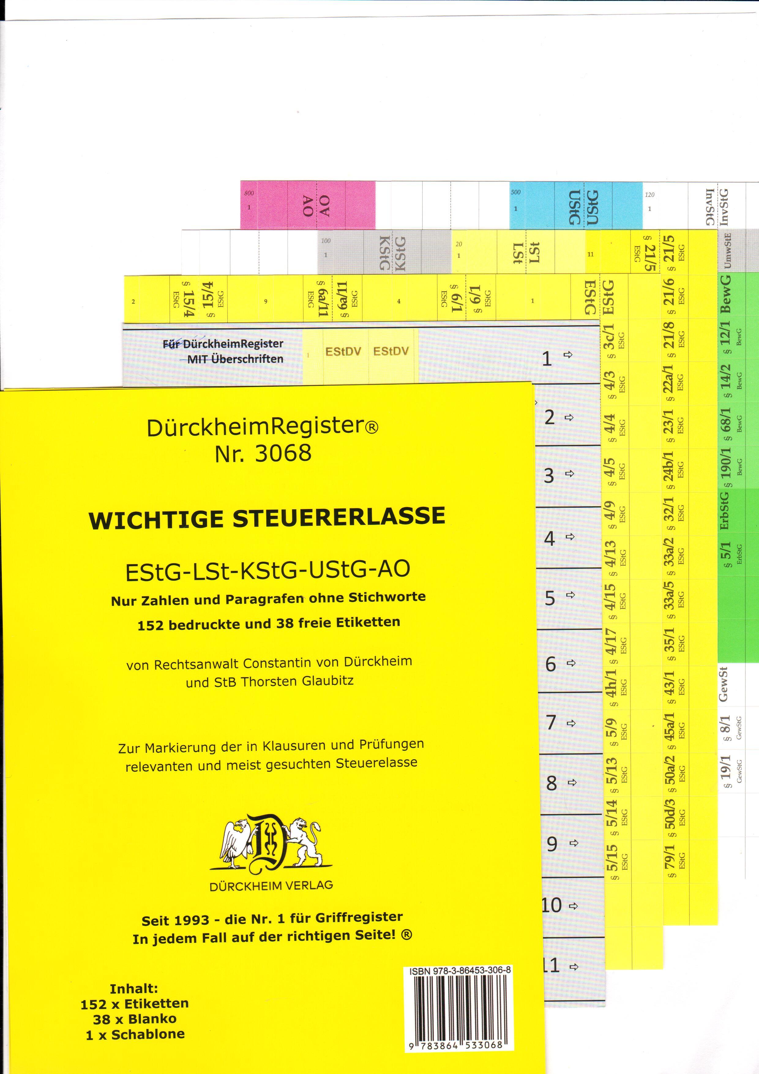 Vorderes Coverbild DürckheimRegister® STEUERERLASSE Gesetze und §§, OHNE Stichworte