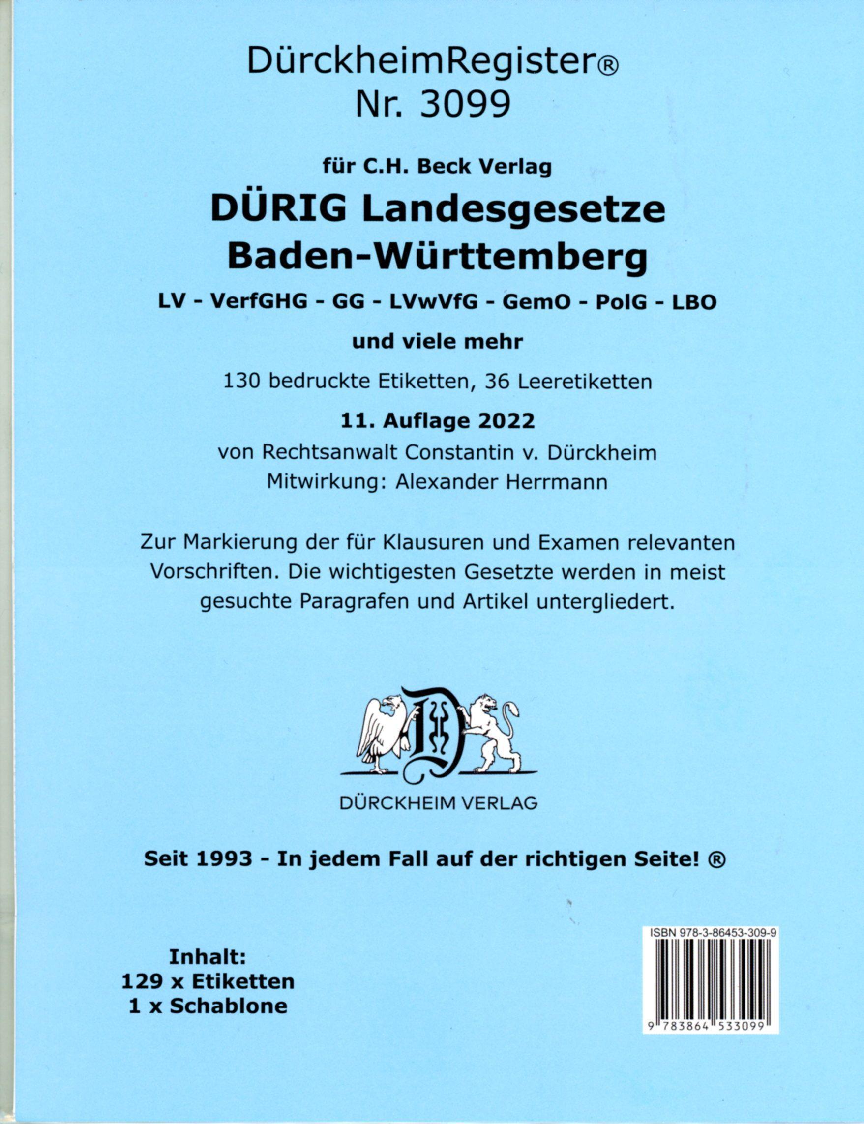 Vorderes Coverbild DürckheimRegister® für DÜRIG: BADEN-WÜRTTEMBERG, C.H. Beck Verlag