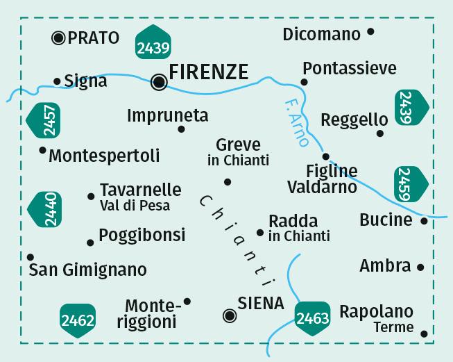 Beispielinhalt (Bild) KOMPASS Wanderkarte 2458 Firenze, Siena, Chianti, Val di Pesa, Val d'Elsa, Monteriggioni 1:50.000
