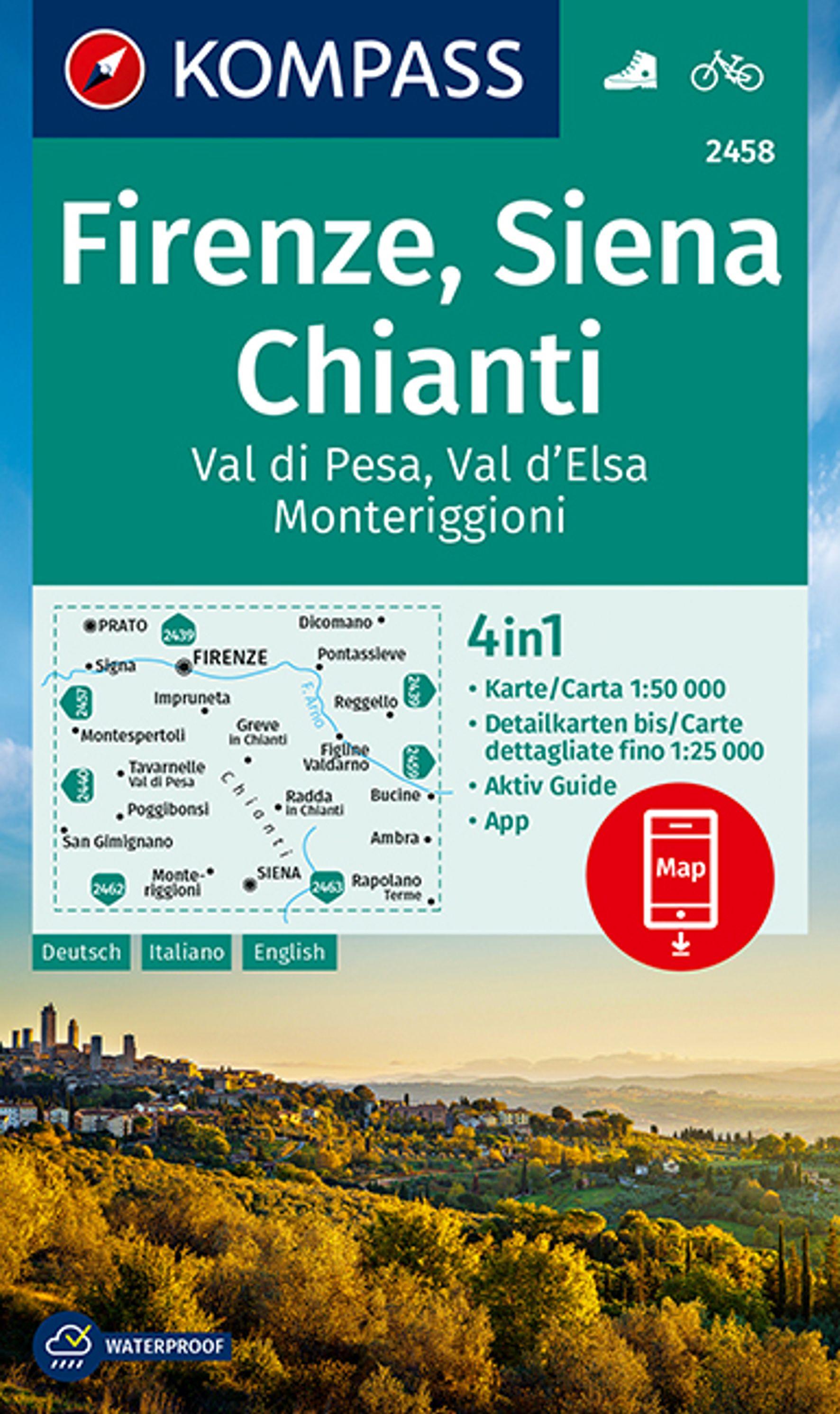 Vorderes Coverbild KOMPASS Wanderkarte 2458 Firenze, Siena, Chianti, Val di Pesa, Val d'Elsa, Monteriggioni 1:50.000