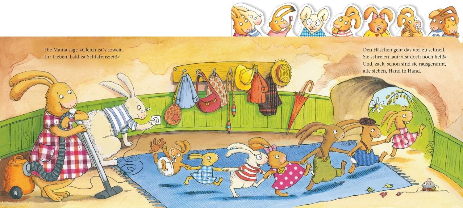 Beispielinhalt (Bild) Wenn sieben müde kleine Hasen abends in ihr Bettchen rasen