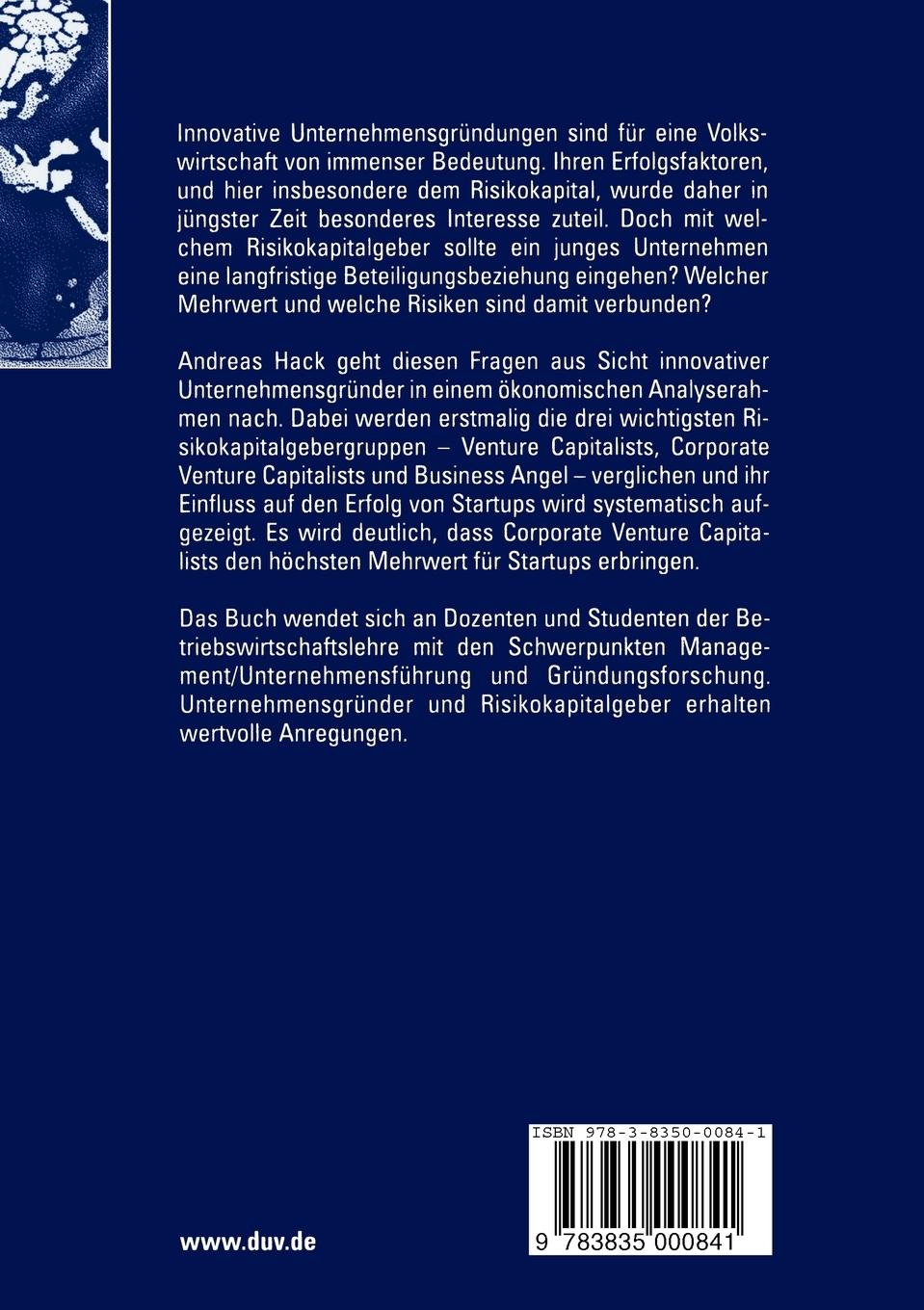 Rückseitencover Startuperfolg und die Wahl von Risikokapitalgebern