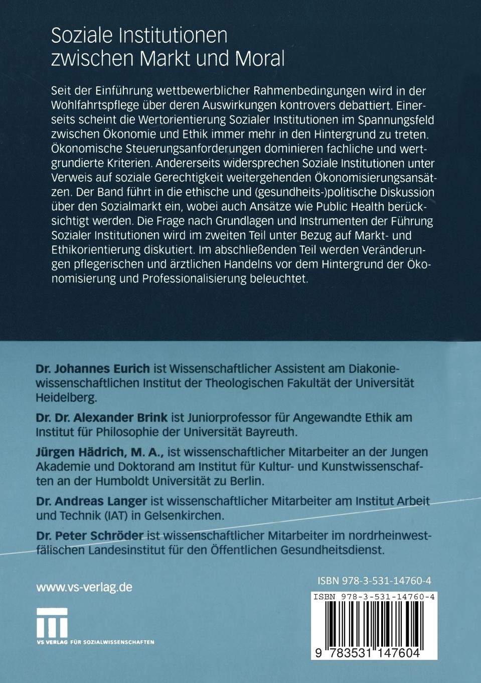 Rückseitencover Soziale Institutionen zwischen Markt und Moral