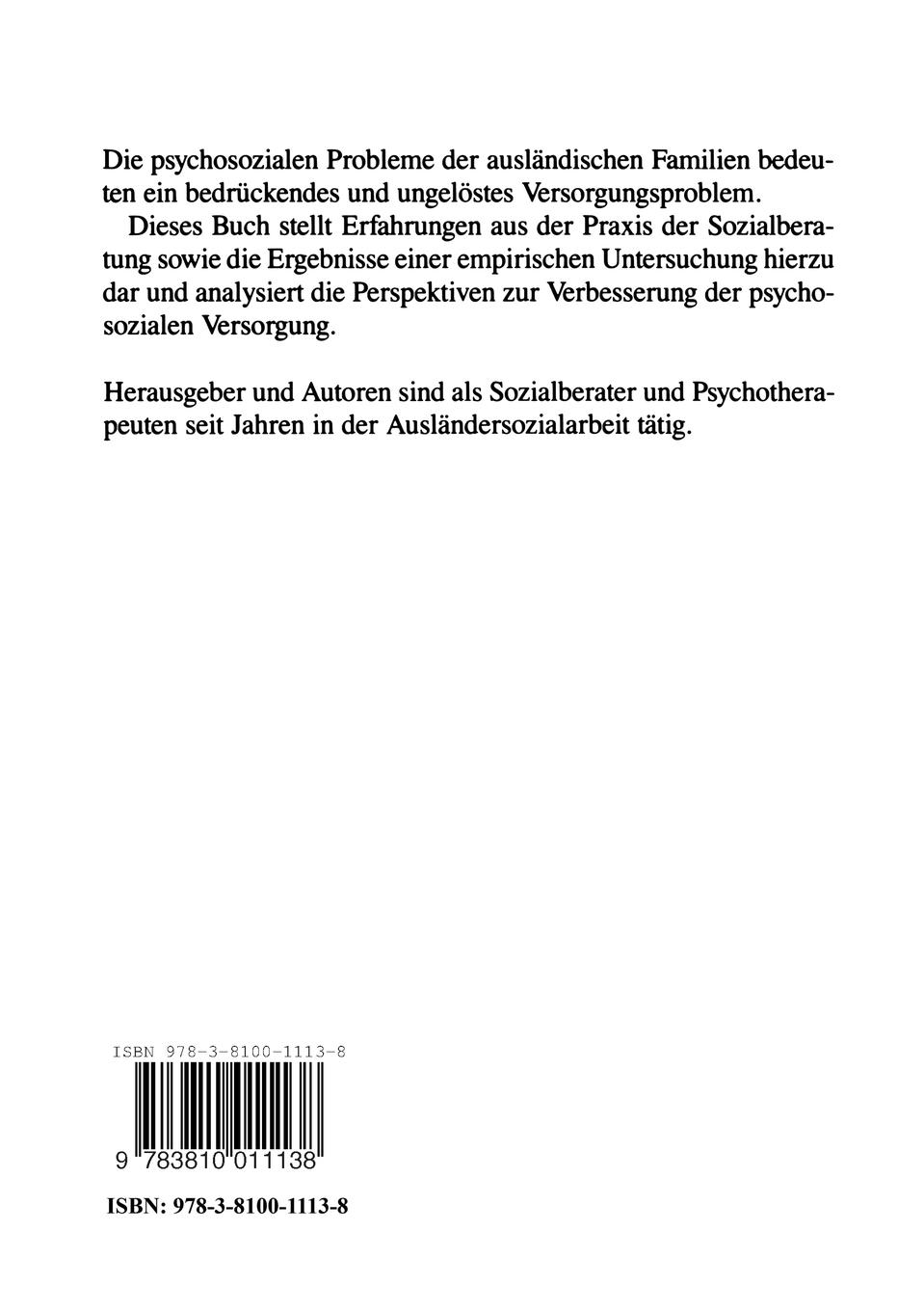 Rückseitencover Die psychosoziale Situation von Ausländern in der Bundesrepublik