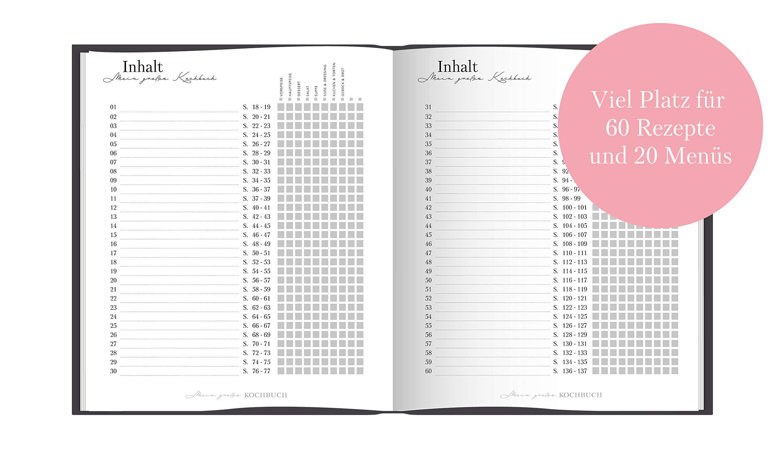 Beispielinhalt (Bild) Rezeptbuch zum Selberschreiben: Großes Kochbuch zum Selberschreiben | Rezeptsammlung für 60 Rezepte & 20 Menüs |