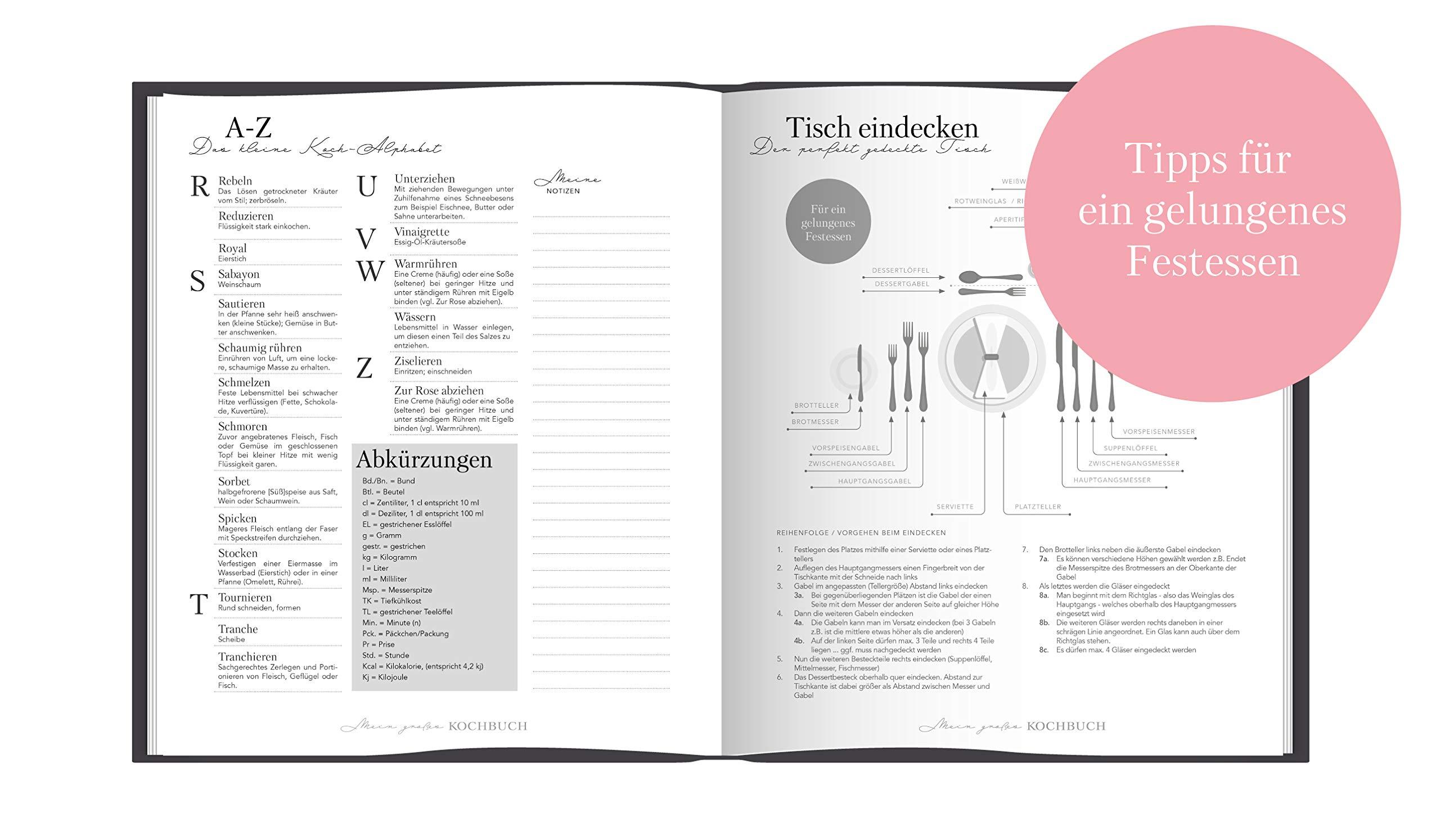 Beispielinhalt (Bild) Rezeptbuch zum Selberschreiben: Großes Kochbuch zum Selberschreiben | Rezeptsammlung für 60 Rezepte & 20 Menüs |