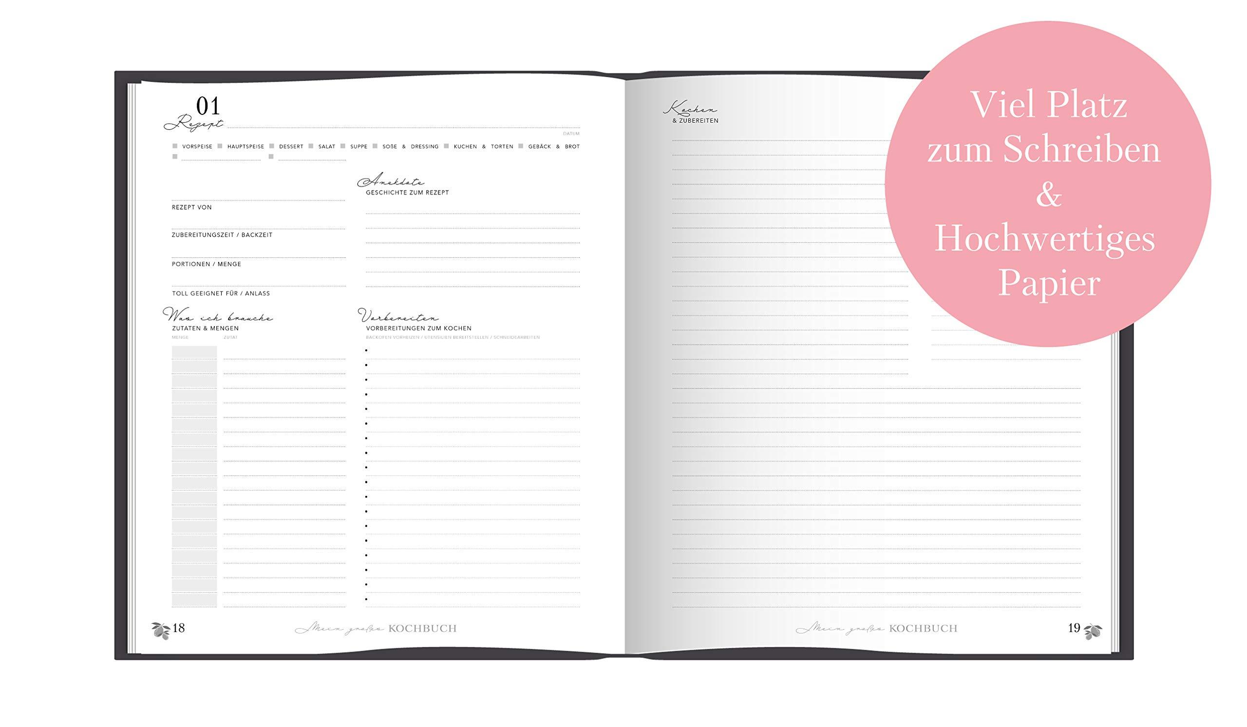 Beispielinhalt (Bild) Rezeptbuch zum Selberschreiben: Großes Kochbuch zum Selberschreiben | Rezeptsammlung für 60 Rezepte & 20 Menüs |