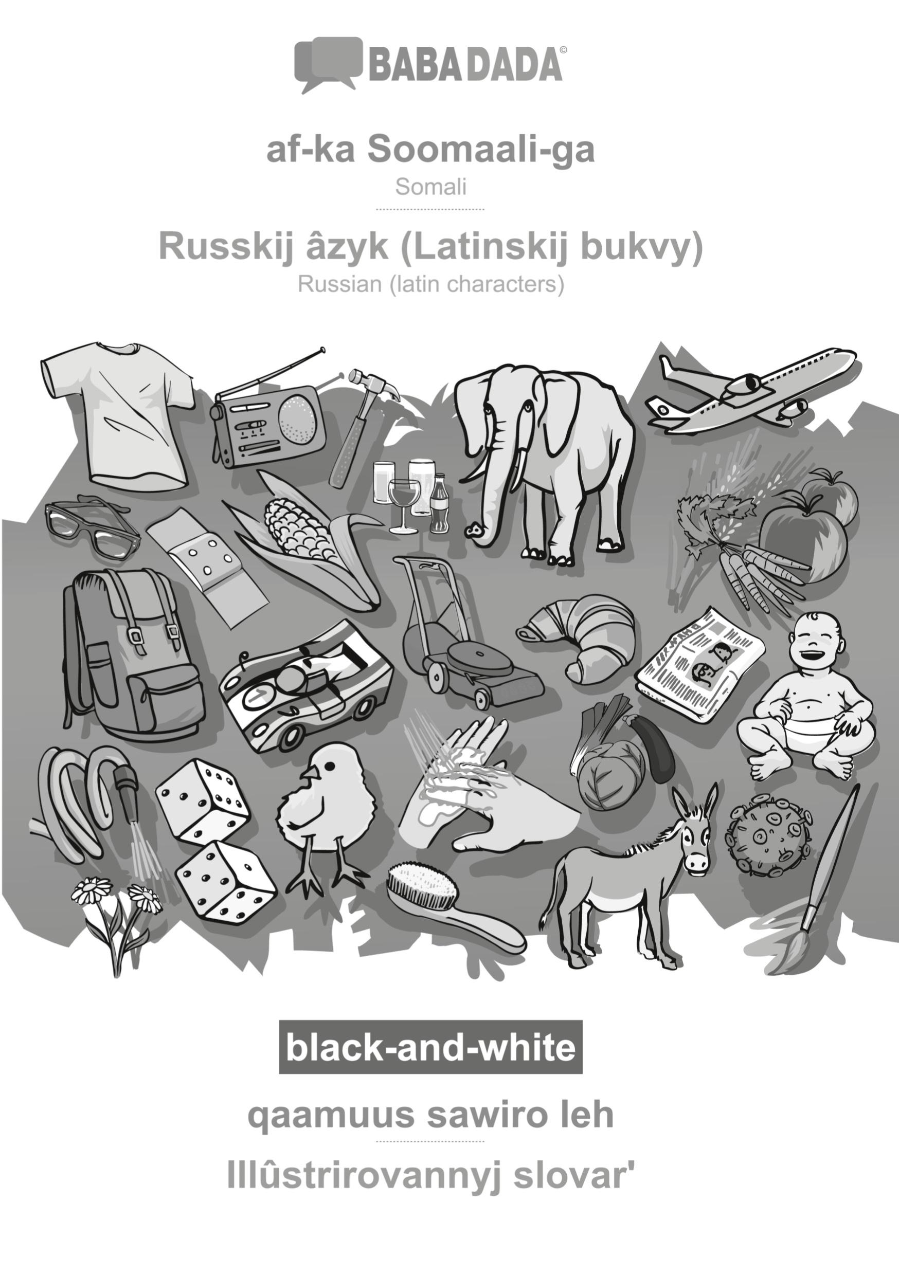 Vorderes Coverbild af-ka Soomaali-ga - Russkij âzyk (Latinskij bukvy), qaamuus sawiro leh, BW