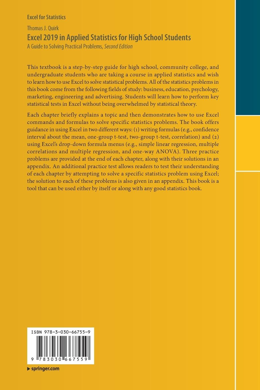 Rückseitencover Excel 2019 in Applied Statistics for High School Students