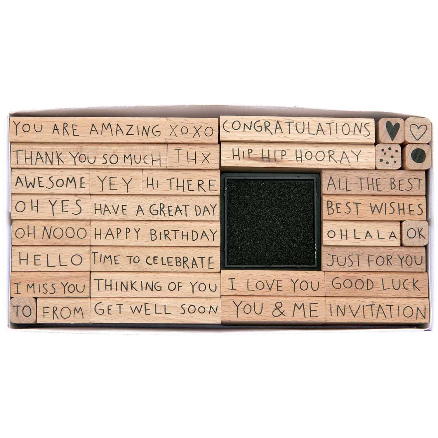 Vorderes Coverbild Stempelset Text, Englisch, FSC 100%