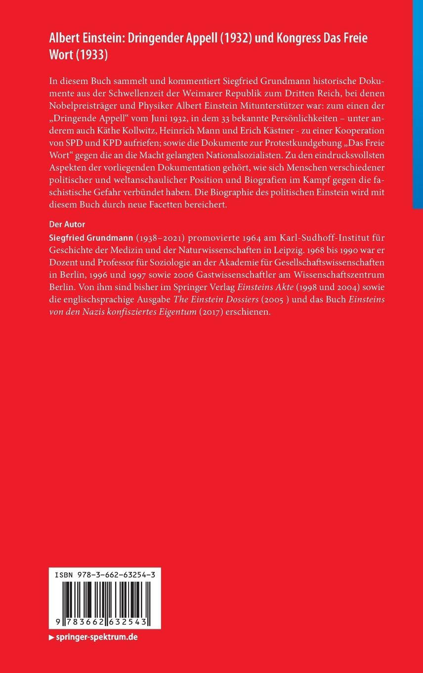 Rückseitencover Albert Einstein Dringender Appell (1932) und Kongress Das Freie Wort (1933)