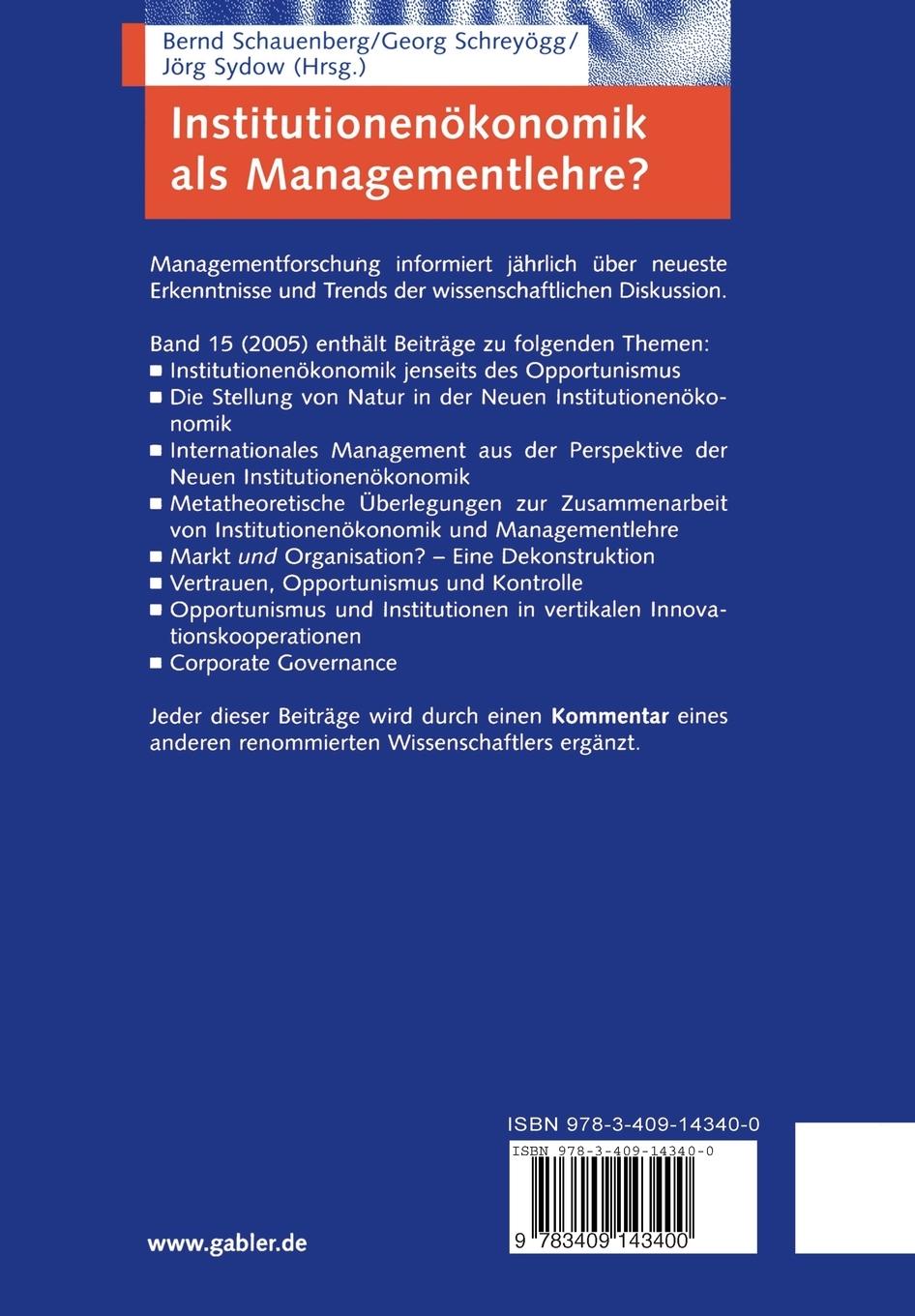 Rückseitencover Institutionenökonomik als Managementlehre?