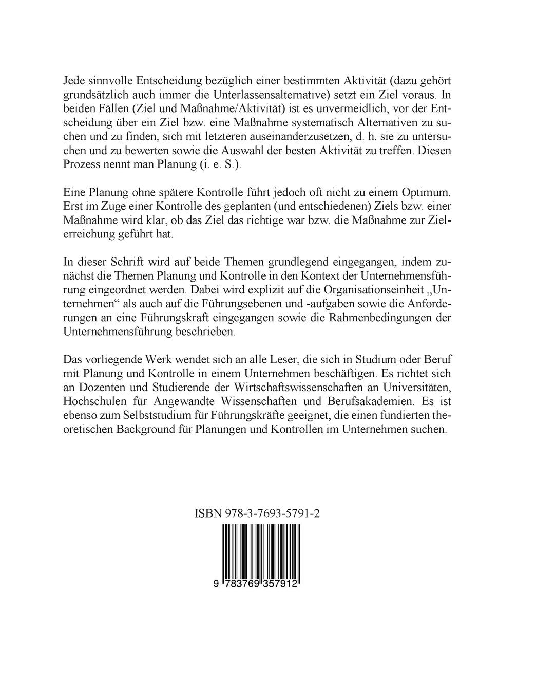 Rückseitencover Unternehmensplanung und Kontrolle