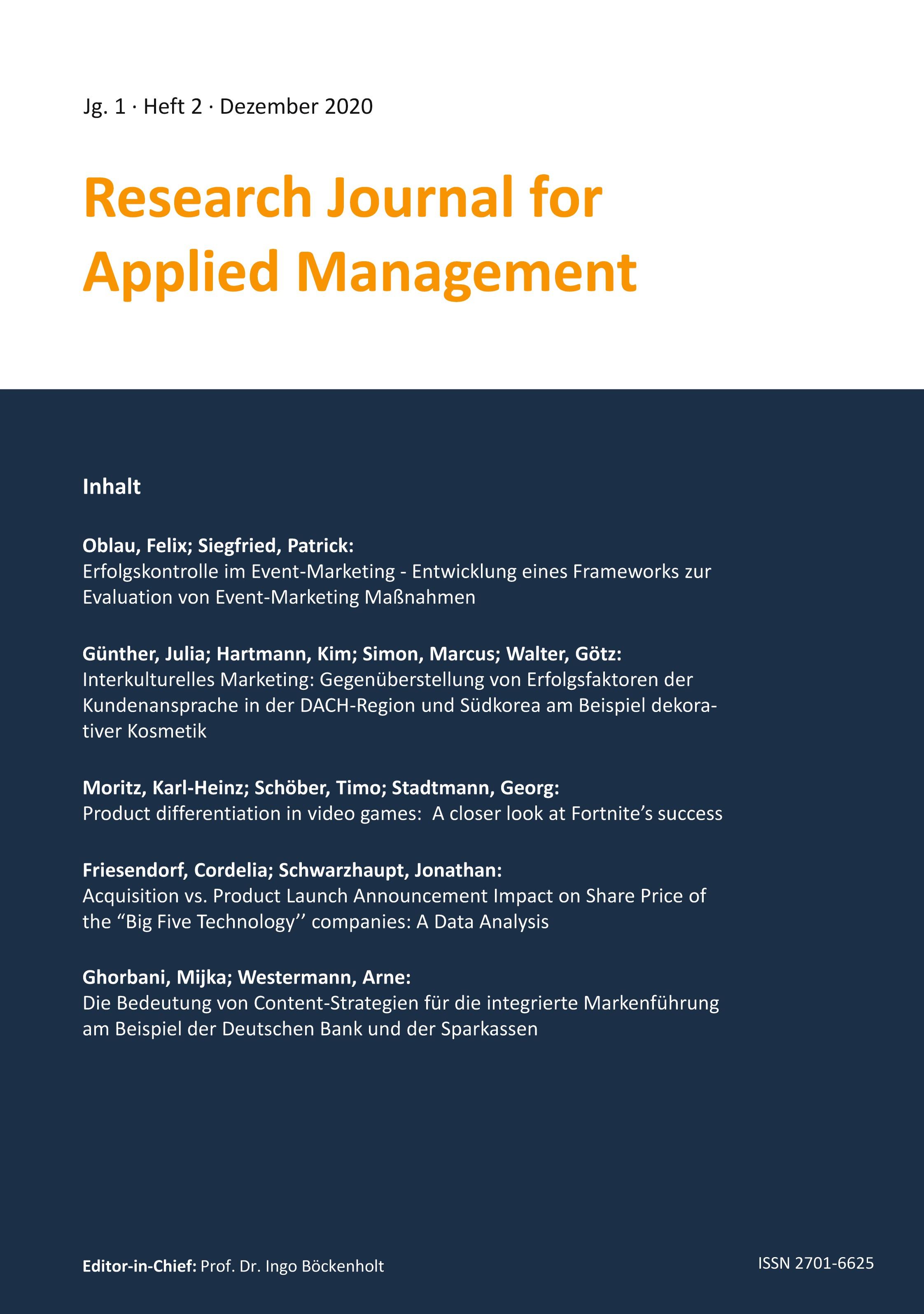 Vorderes Coverbild Research Journal for Applied Management - Jg. 1, Heft 2