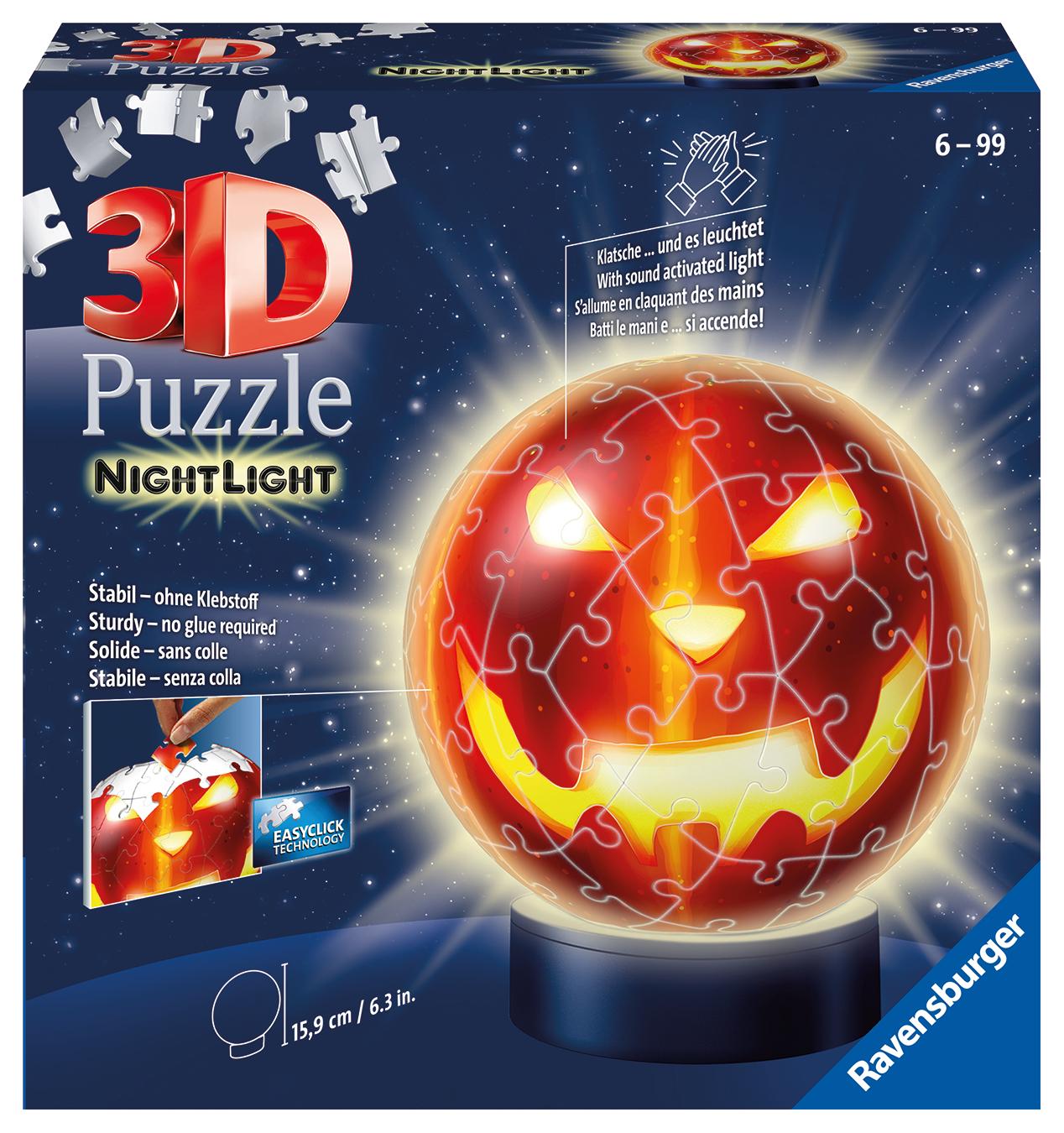 Vorderes Coverbild Ravensburger 3D Puzzle Kürbiskopf Nachtlicht 11253 - Puzzle-Ball - 72 Teile - für Halloween Fans ab 6 Jahren