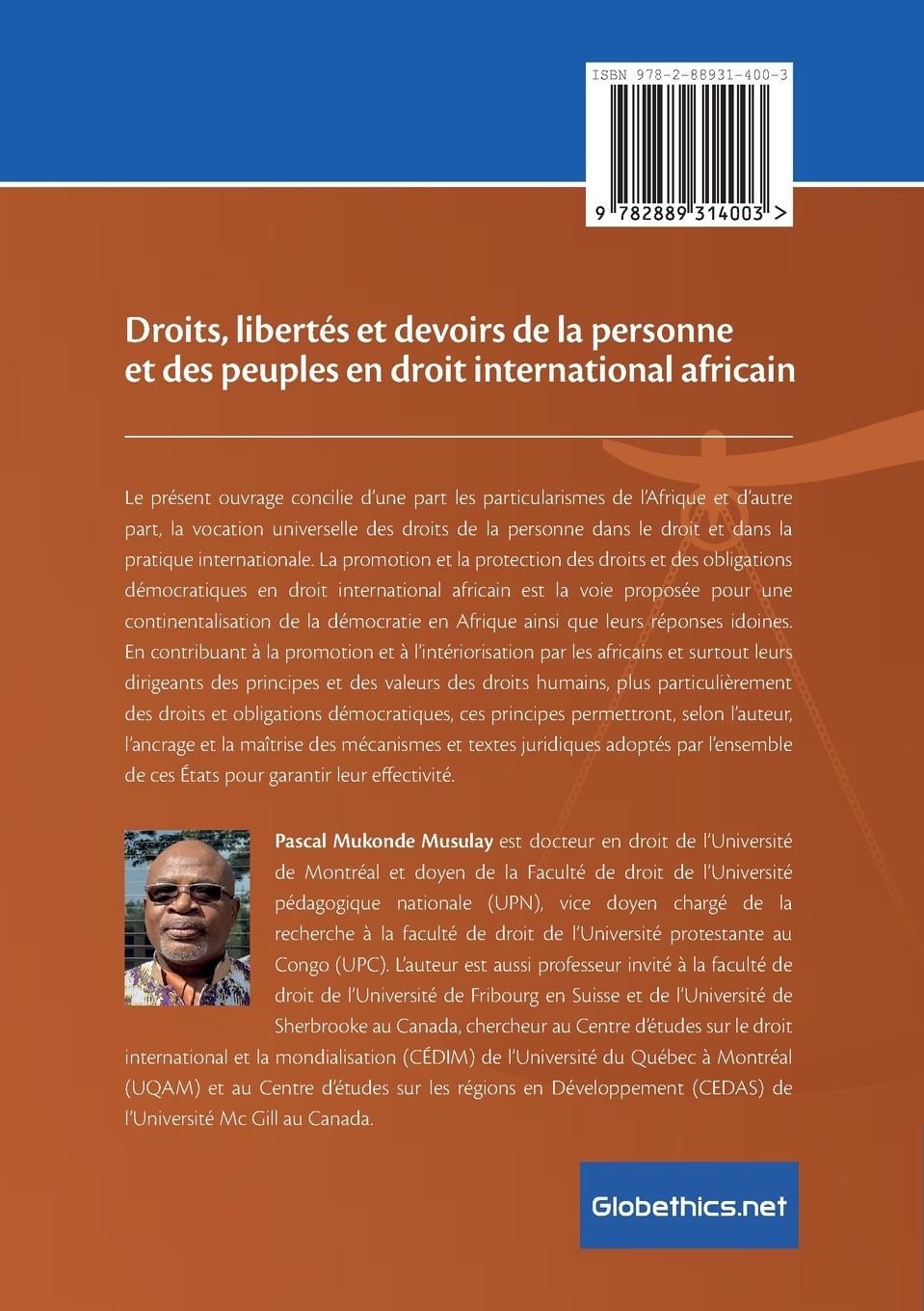 Rückseitencover Droits, libertés et devoirs de la personne et des peuples en droit international africain