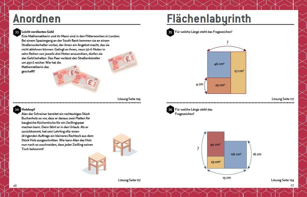 Beispielinhalt (Bild) Mensa's knifflige Geometrierätsel. Mathematische Aufgaben aus der Trigonometrie und räumlichen Vorstellungskraft. 3D-Rätsel, Pentominos, Tangrams, Streichholzpuzzles, Flächenrätsel u.v.m.