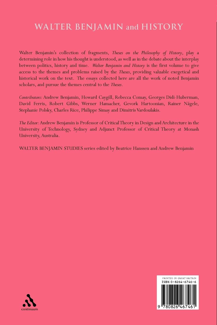 Rückseitencover Walter Benjamin and History