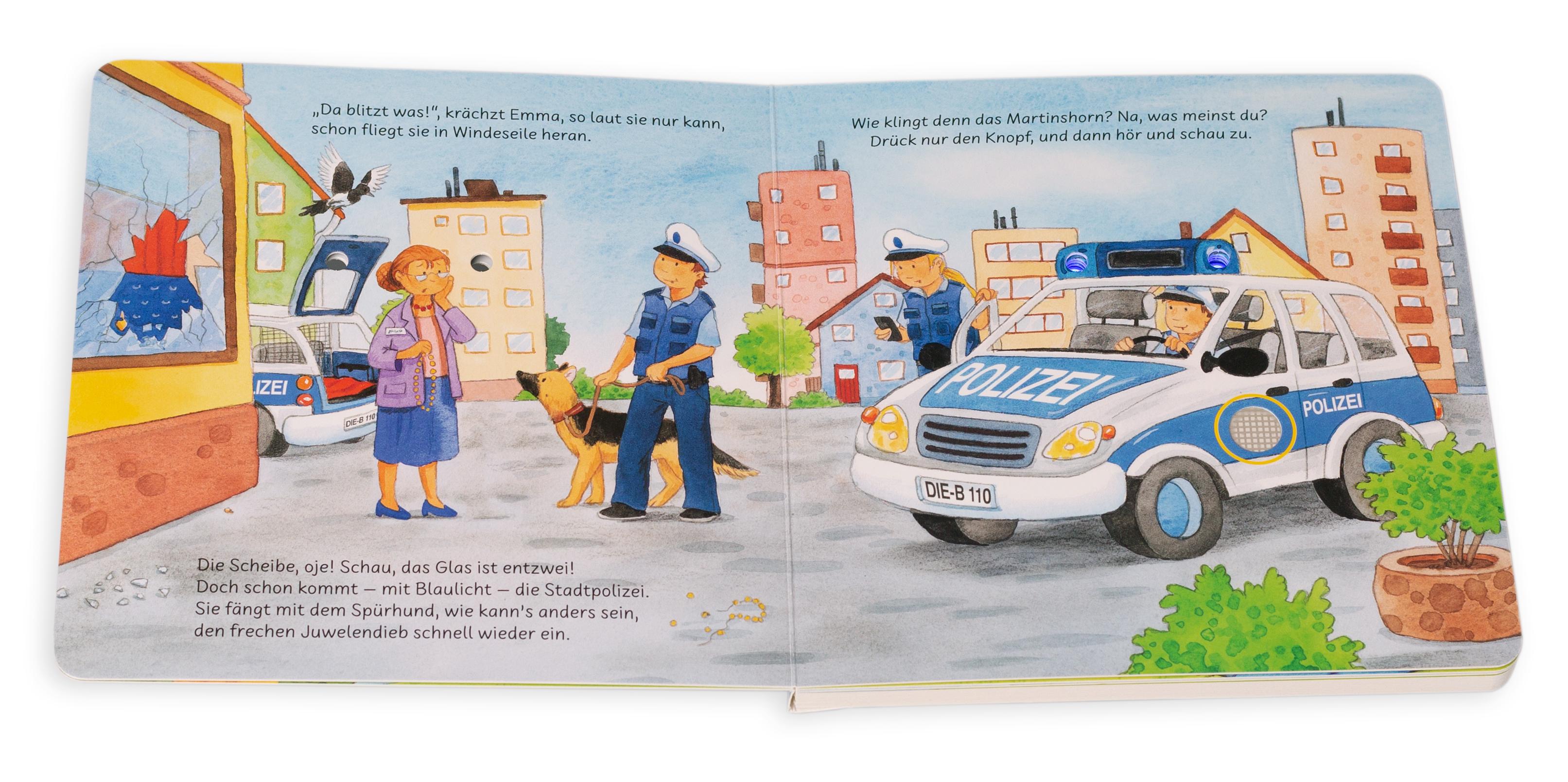 Beispielinhalt (Bild) Unterwegs mit Feuerwehr, Polizei und Co. Mit Blink-Blaulicht und Sirene