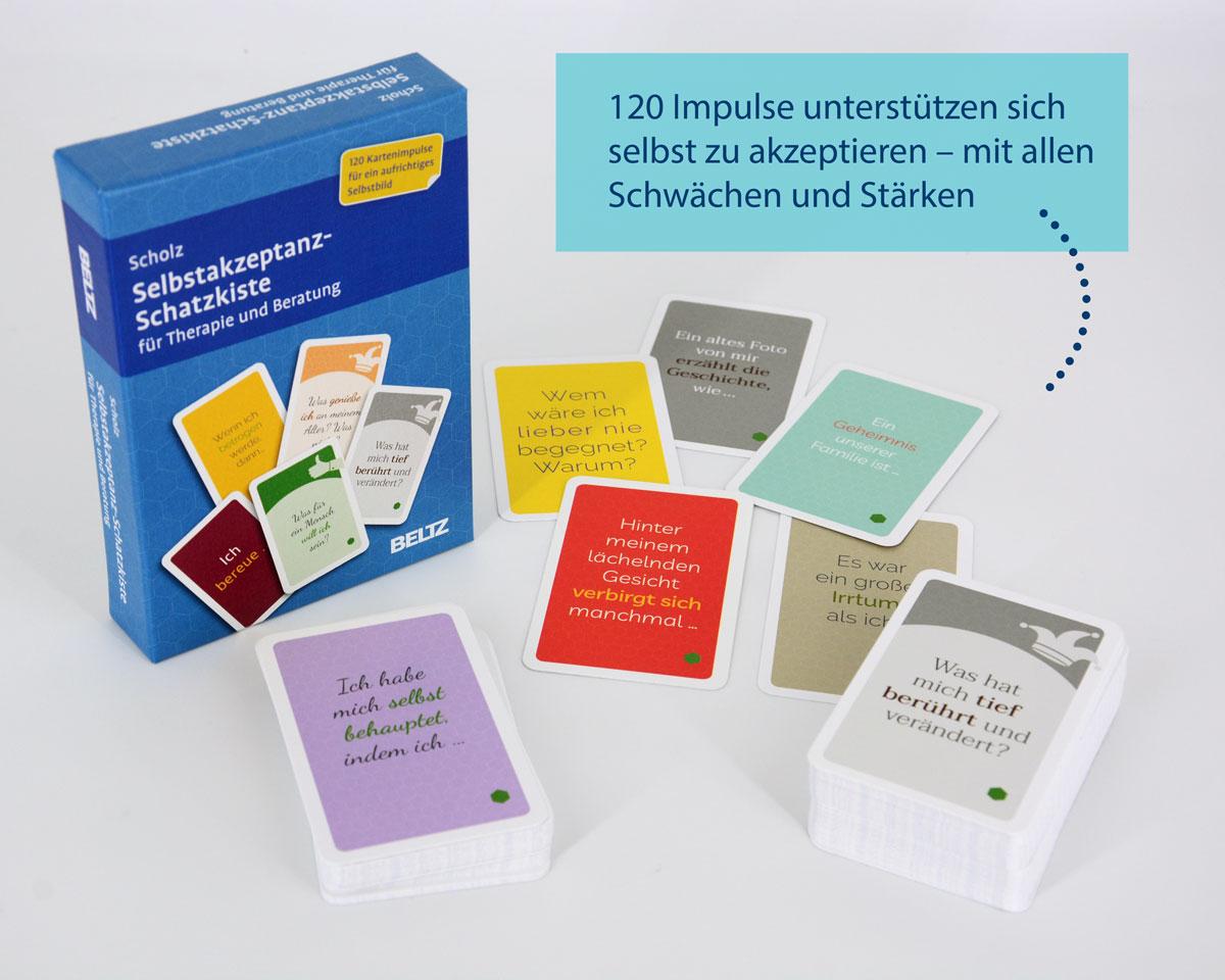 Beispielinhalt (Bild) Selbstakzeptanz-Schatzkiste für Therapie und Beratung