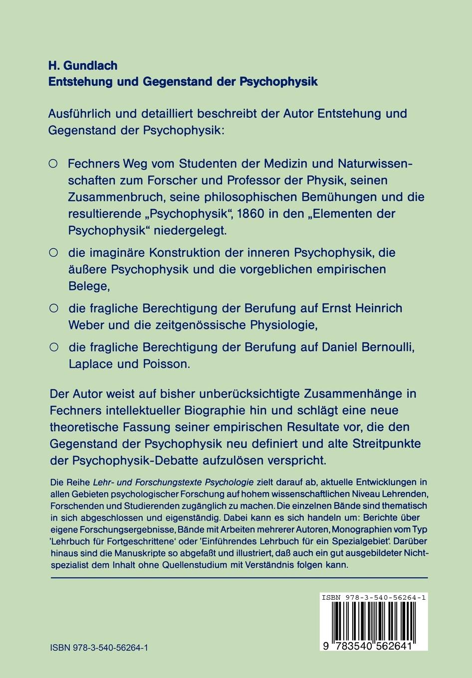 Rückseitencover Entstehung und Gegenstand der Psychophysik