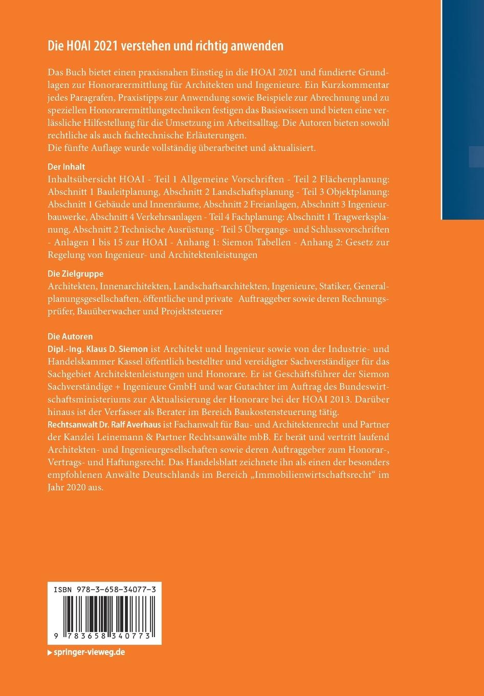 Rückseitencover Die HOAI 2021 verstehen und richtig anwenden