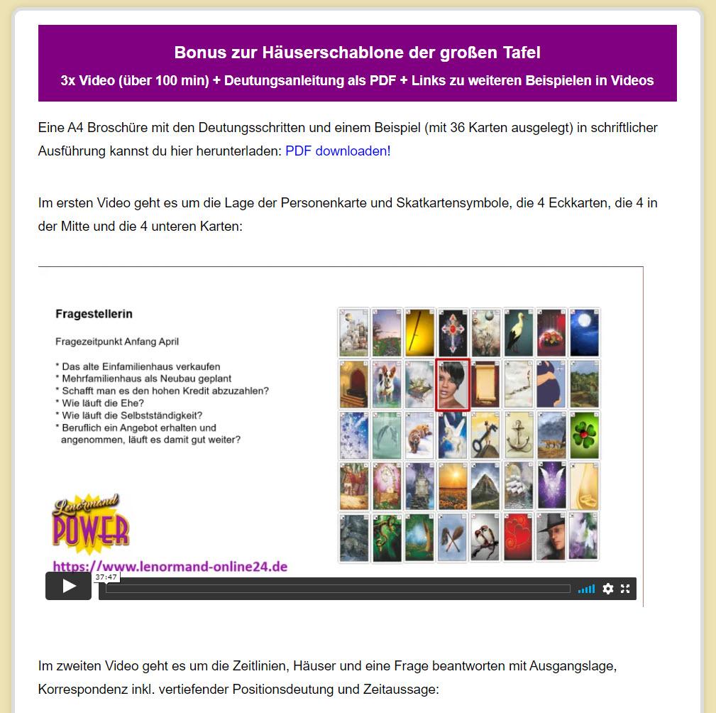 Beispielinhalt (Bild) Häuserschablone zur großen Tafel 8x4 (5) für 36 oder auch 40 Lenormandkarten