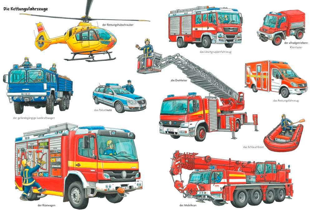 Beispielinhalt (Bild) Duden 24+: Autos, Laster & Traktoren: Das große Wimmelbuch der Fahrzeuge