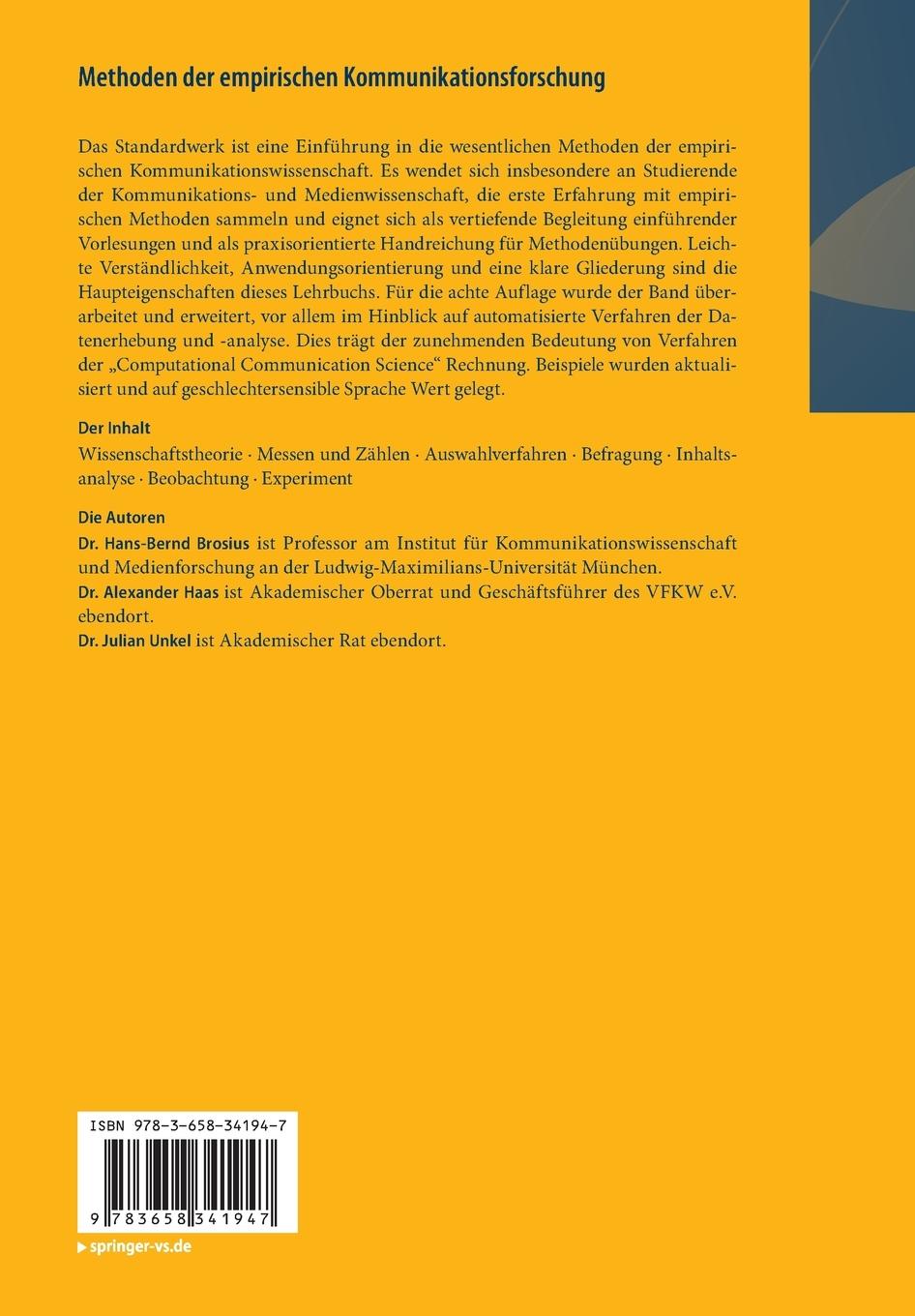 Rückseitencover Methoden der empirischen Kommunikationsforschung