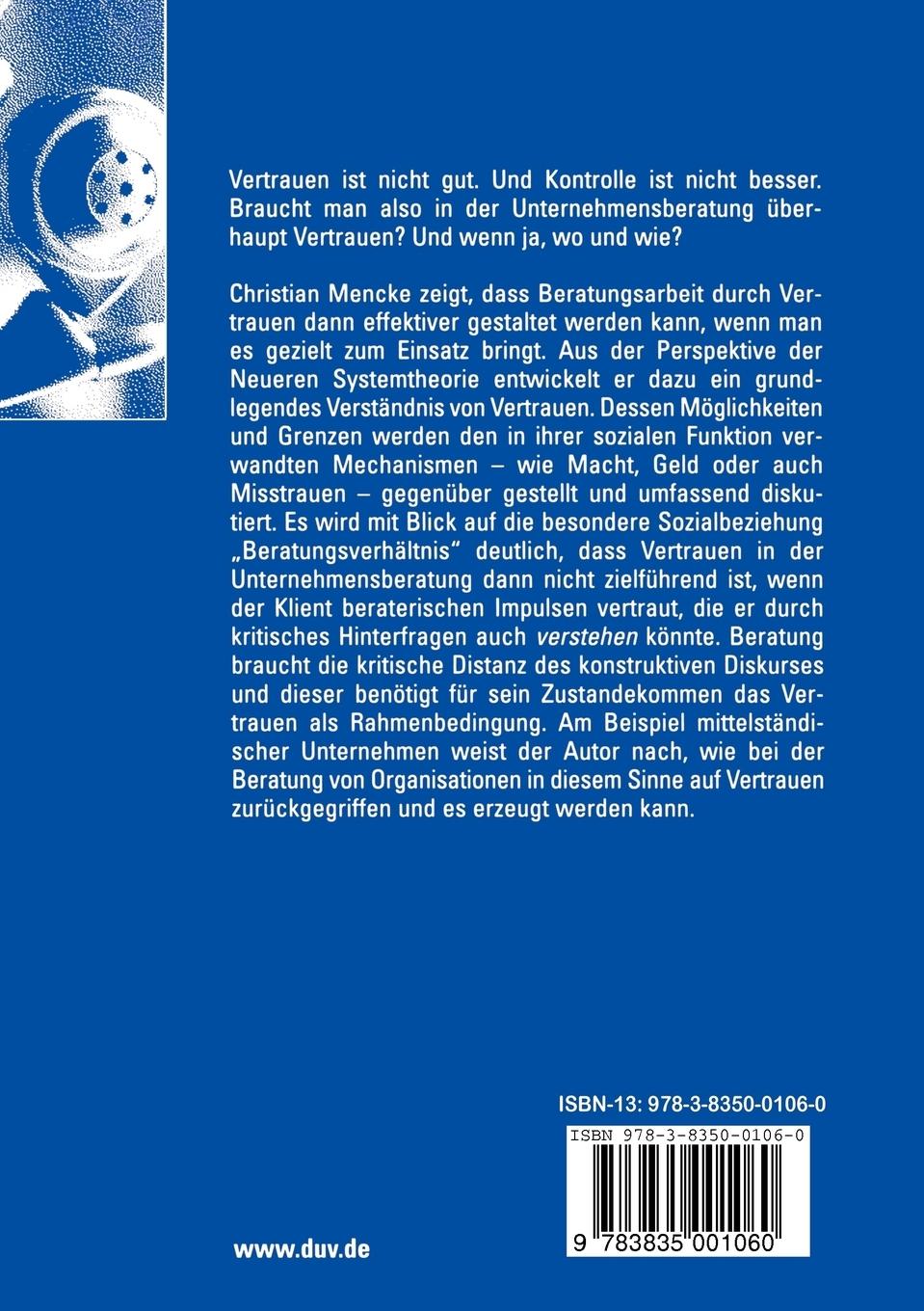 Rückseitencover Vertrauen in Sozialen Systemen und in der Unternehmensberatung