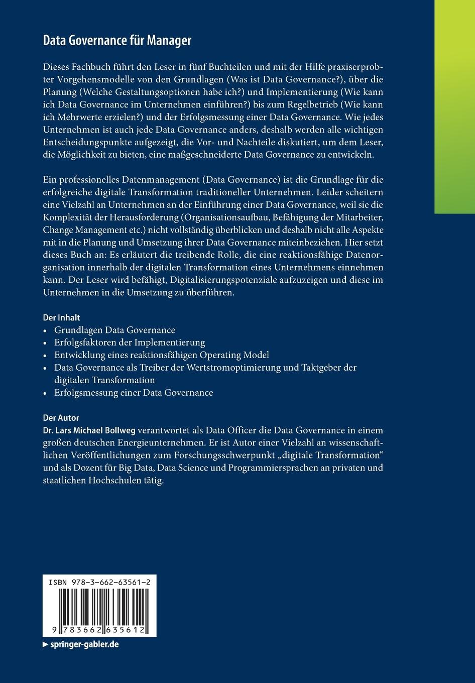 Rückseitencover Data Governance für Manager